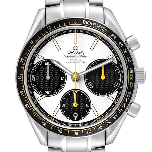 The Omega Speedmaster 326.30.40.50.04.001 Men's Stainless Steel White Dial watch is shown front-on, displaying the dial, tachymeter bezel, and side pushers.