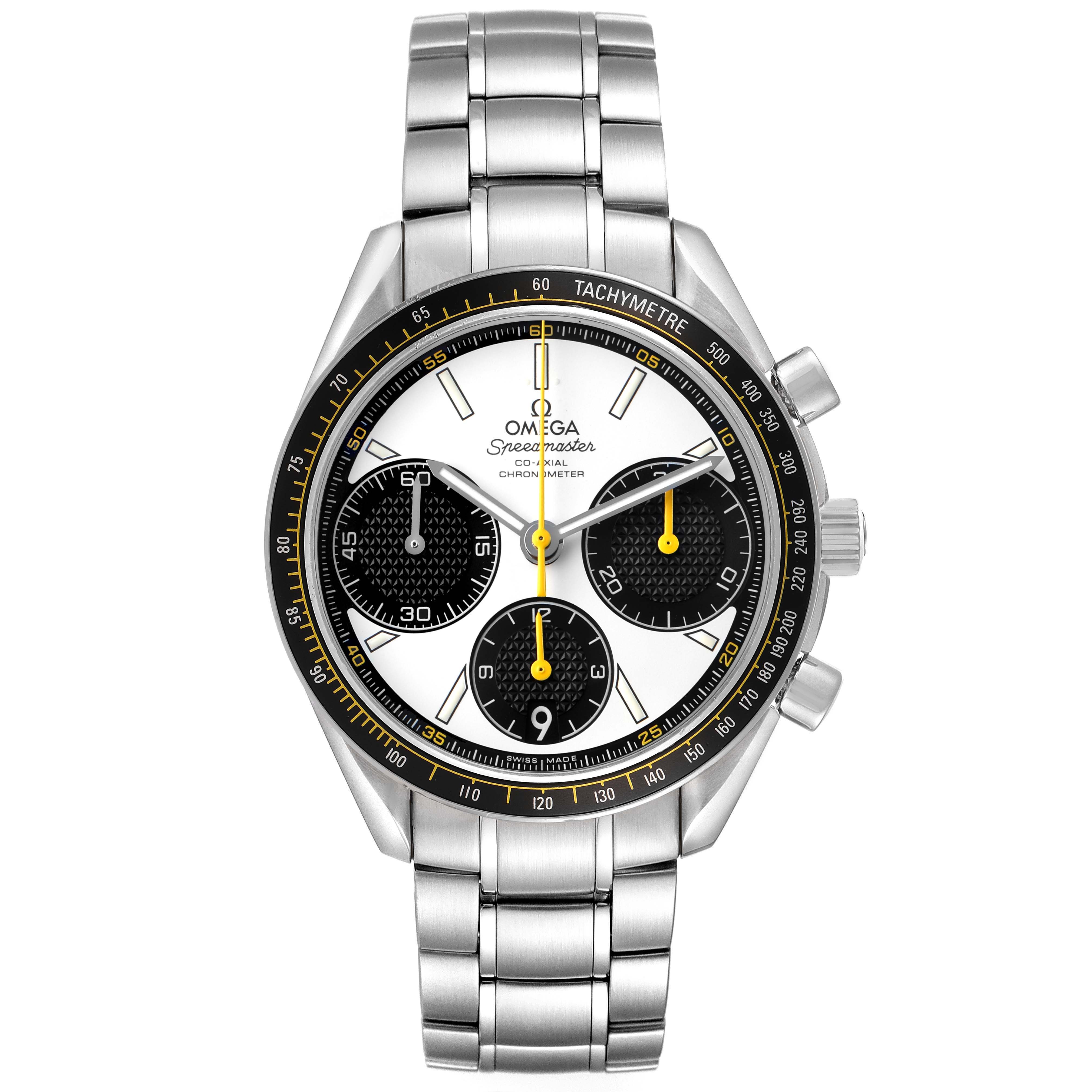 The Omega Speedmaster 326.30.40.50.04.001 Men's Stainless Steel White Dial watch is shown from the front, highlighting its stainless steel bracelet, tachymetric bezel, and subdials.