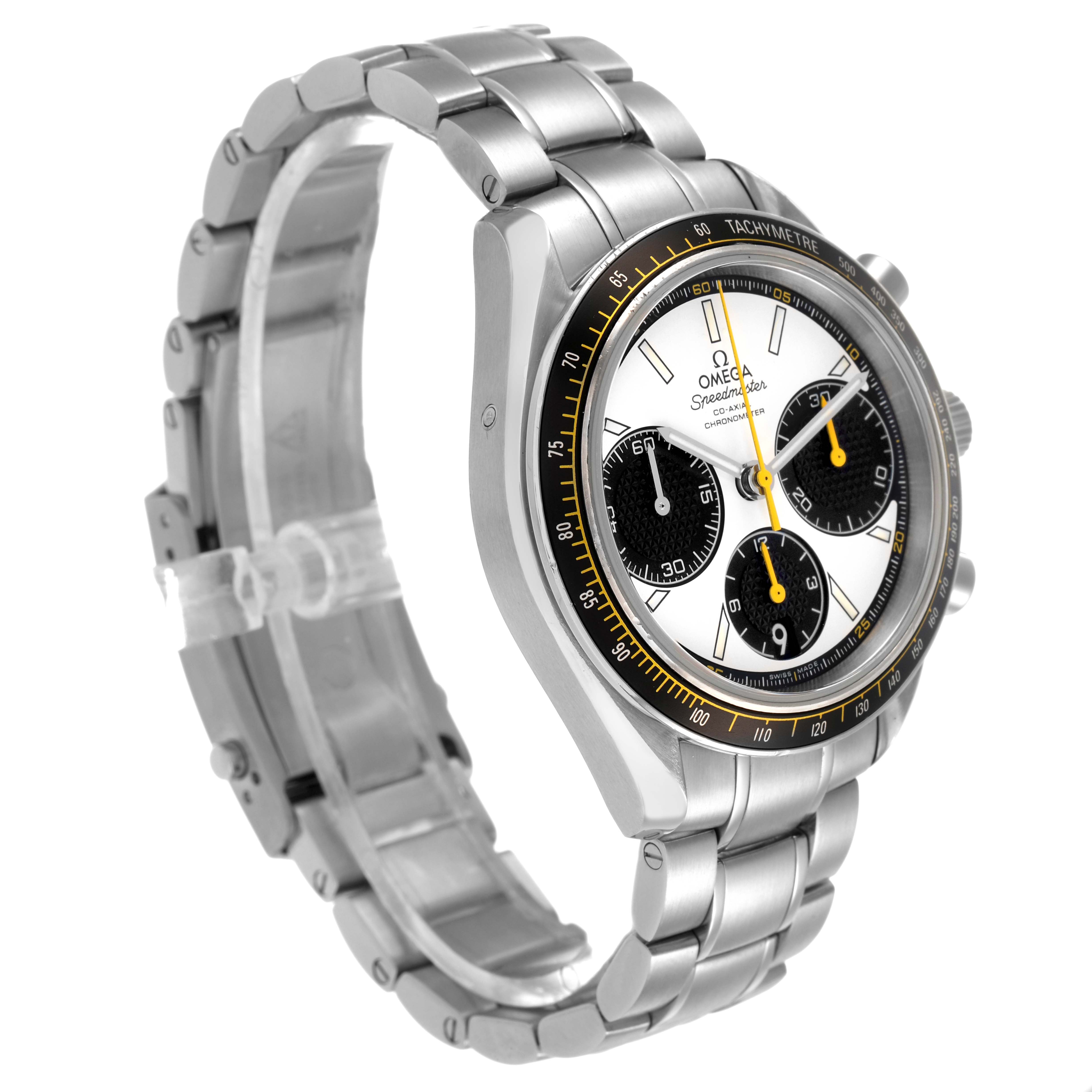 The Omega Speedmaster 326.30.40.50.04.001 Men's Stainless Steel White Dial watch is shown at a three-quarter angle, highlighting the case, dial, bezel, and metal bracelet.