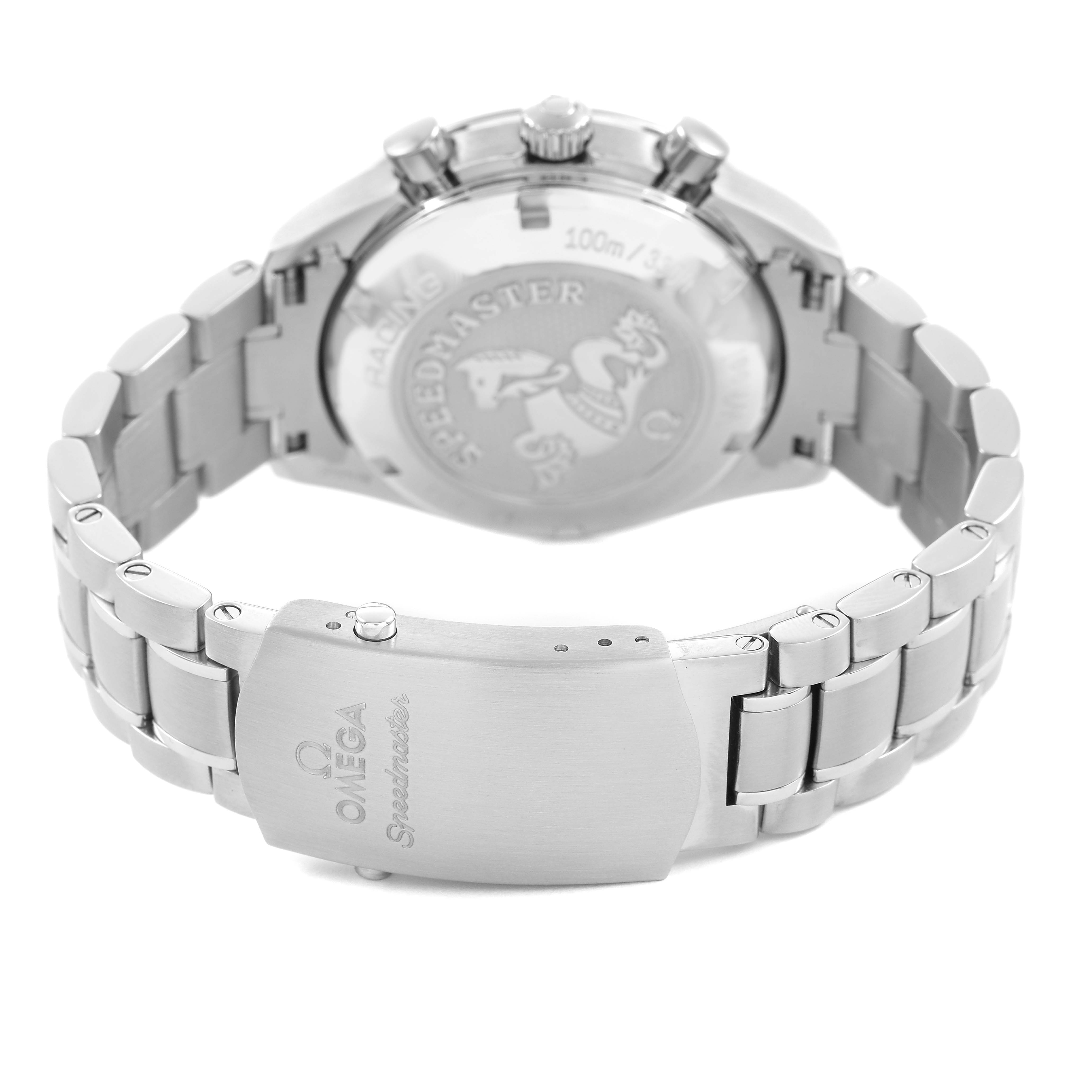 The Omega Speedmaster 326.30.40.50.04.001 Men's Stainless Steel White Dial watch is shown from the back, highlighting the clasp, bracelet, and engraved case back.