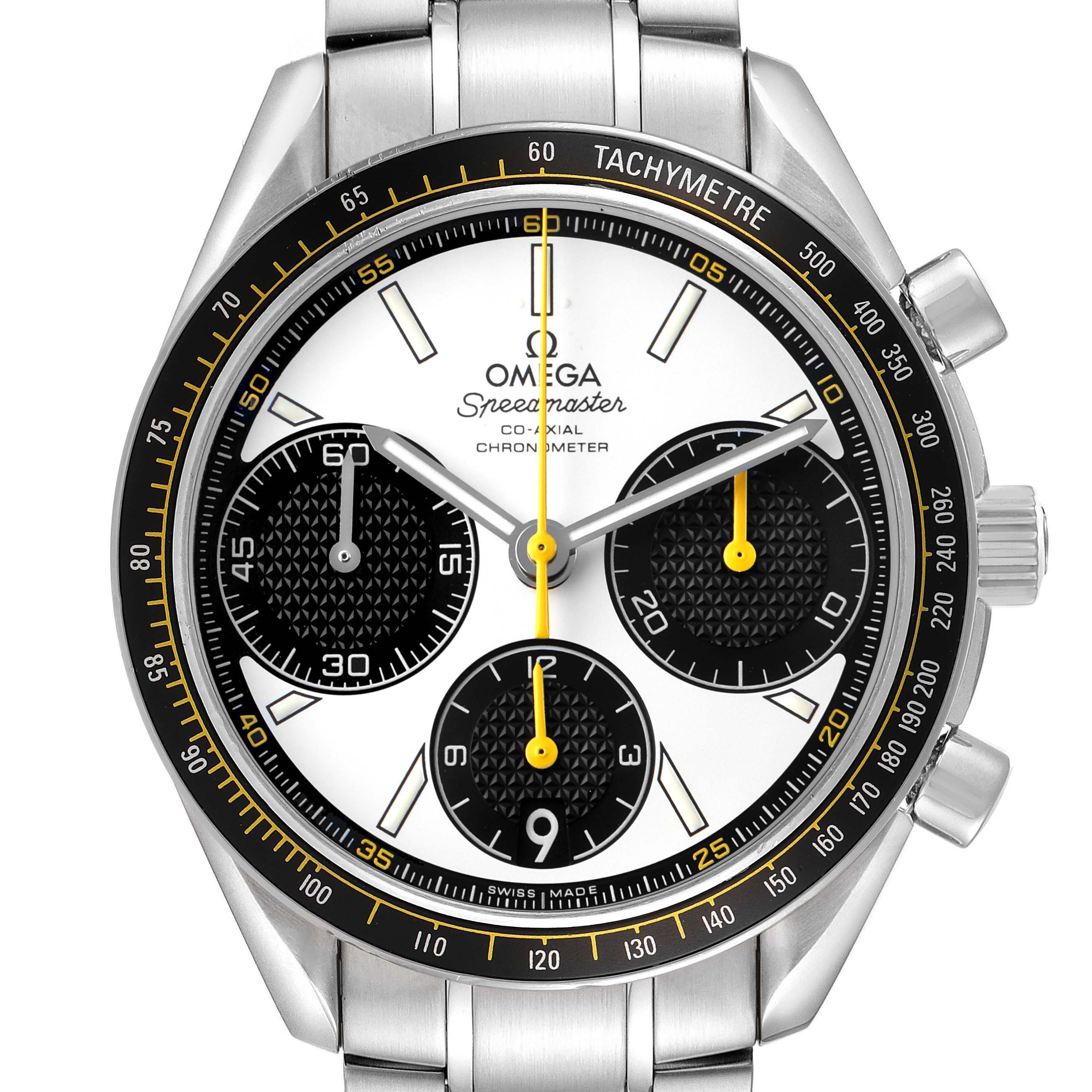 The Omega Speedmaster 326.30.40.50.04.001 Men's Stainless Steel White Dial watch is shown from the front, highlighting the dial, tachymeter, and chronograph subdials.