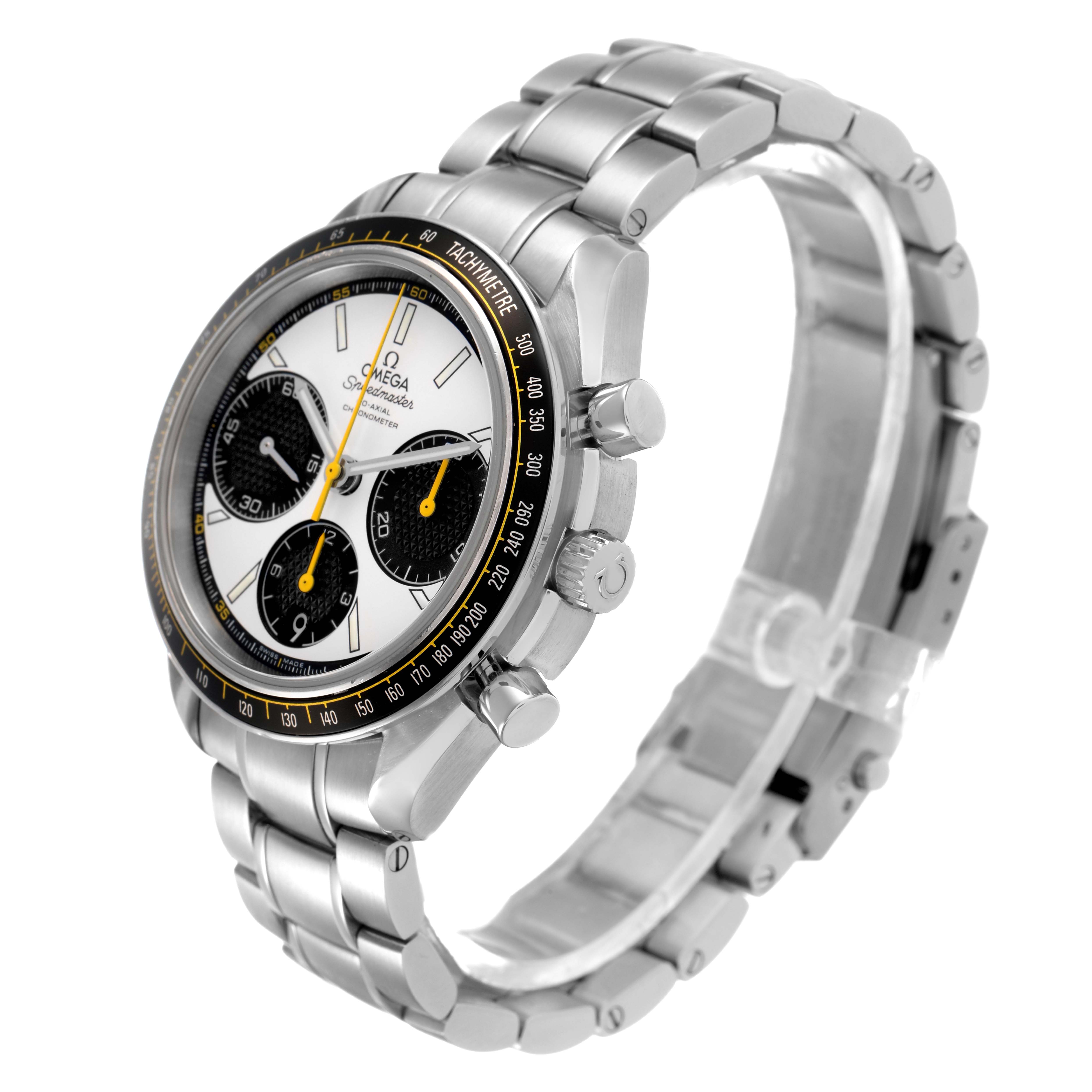 The Omega Speedmaster 326.30.40.50.04.001 Men's Stainless Steel White Dial watch is shown at an angled side view, displaying the face, bezel, and stainless steel bracelet.