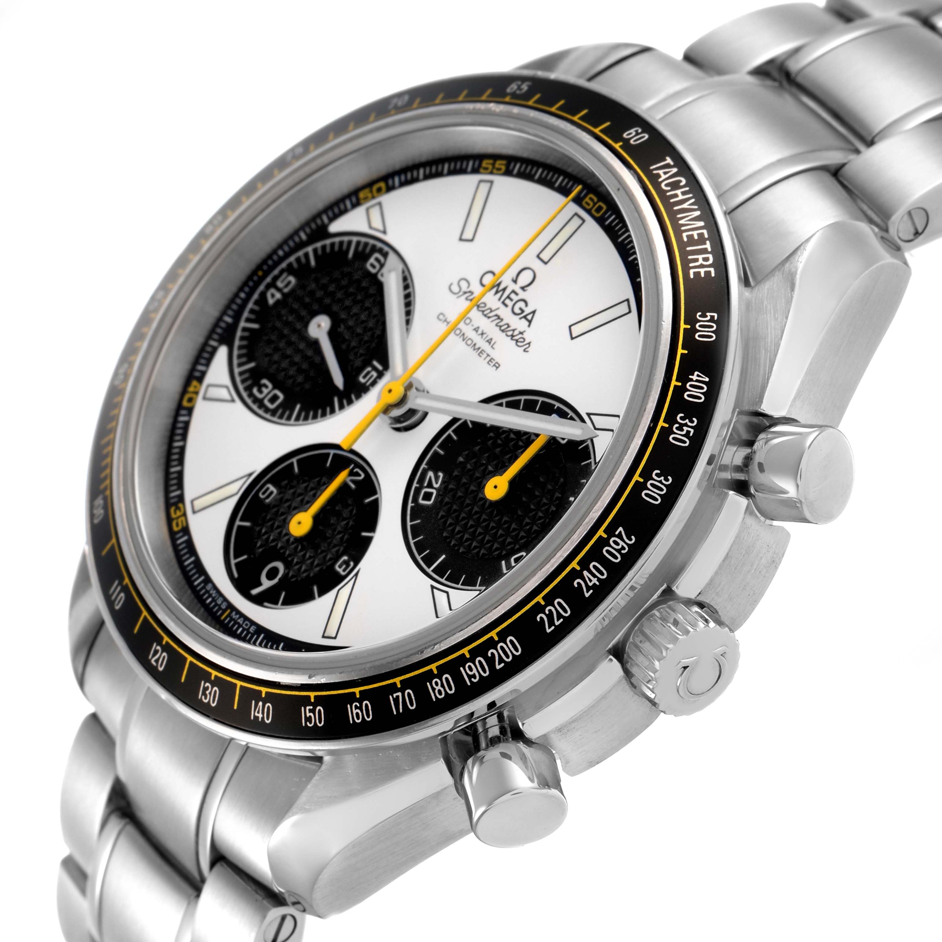 The Omega Speedmaster 326.30.40.50.04.001 Men's Stainless Steel White Dial watch is shown at an angled close-up, highlighting its dial, tachymeter bezel, and chronograph buttons.