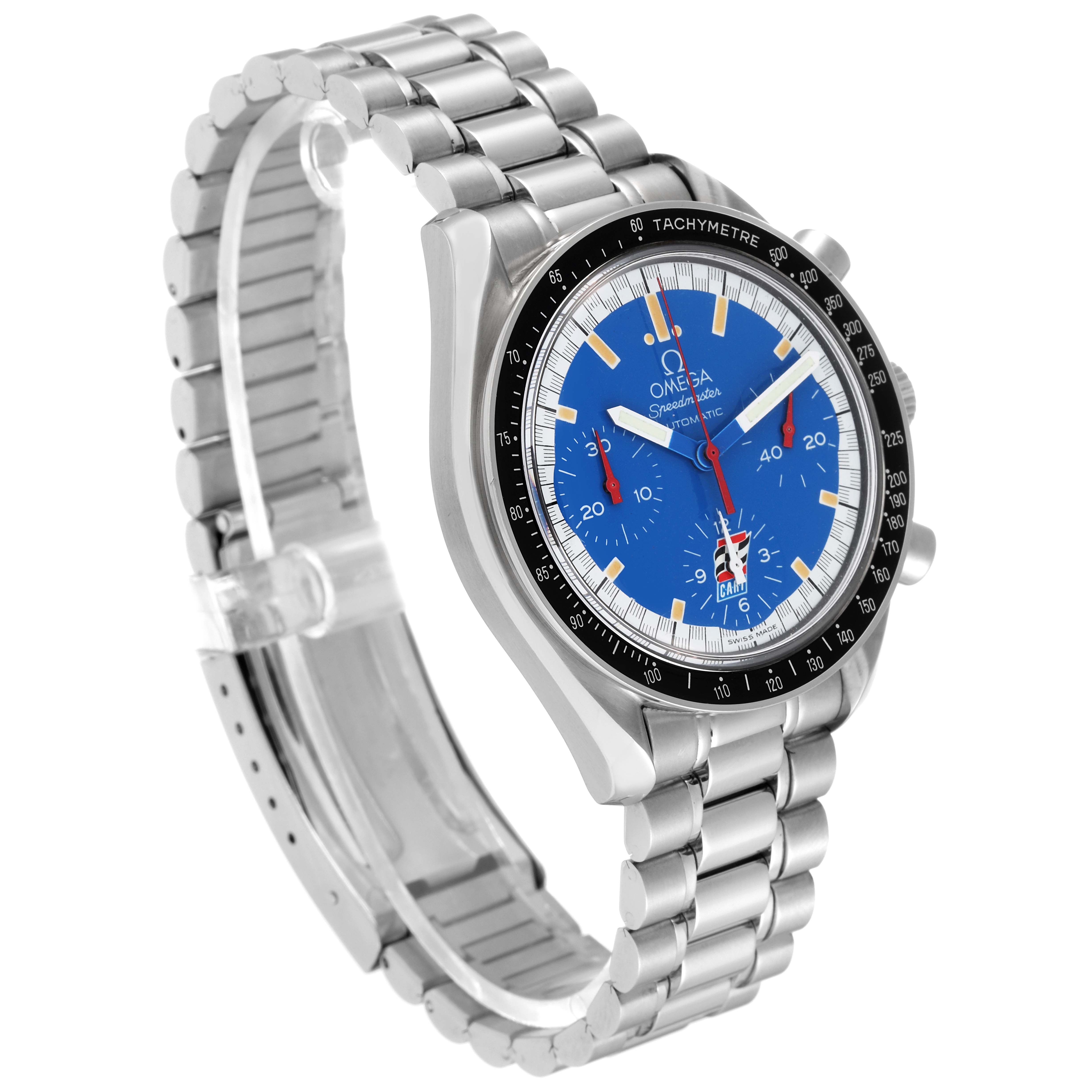 The image shows a three-quarter side view of the Omega Speedmaster 3510.80.00 Men's Stainless Steel Blue Dial 3510.80.00 Men's Stainless Steel Blue Dial watch with a blue dial and a tachymeter bezel.