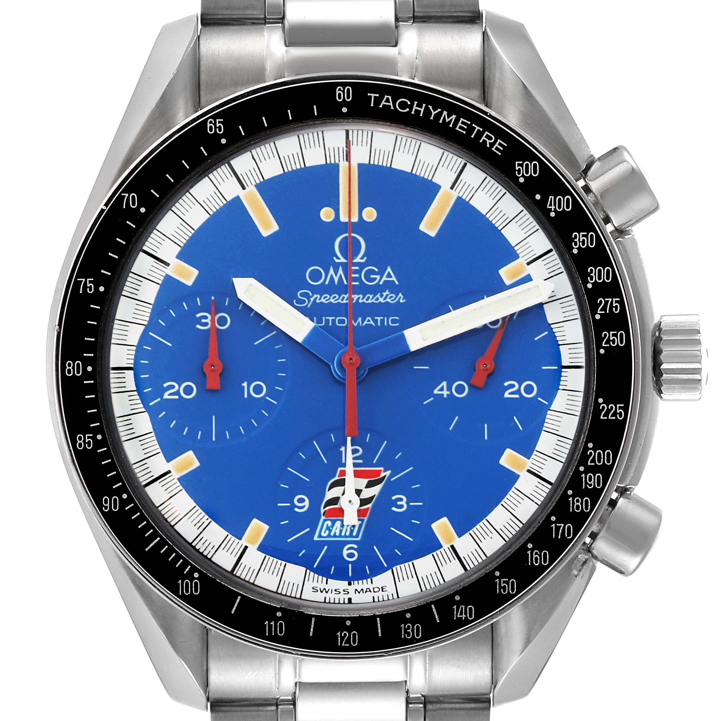 This is a front view of an Omega Speedmaster 3510.80.00 Men's Stainless Steel Blue Dial 3510.80.00 Men's Stainless Steel Blue Dial watch, showing the face, tachymeter bezel, and part of the bracelet.