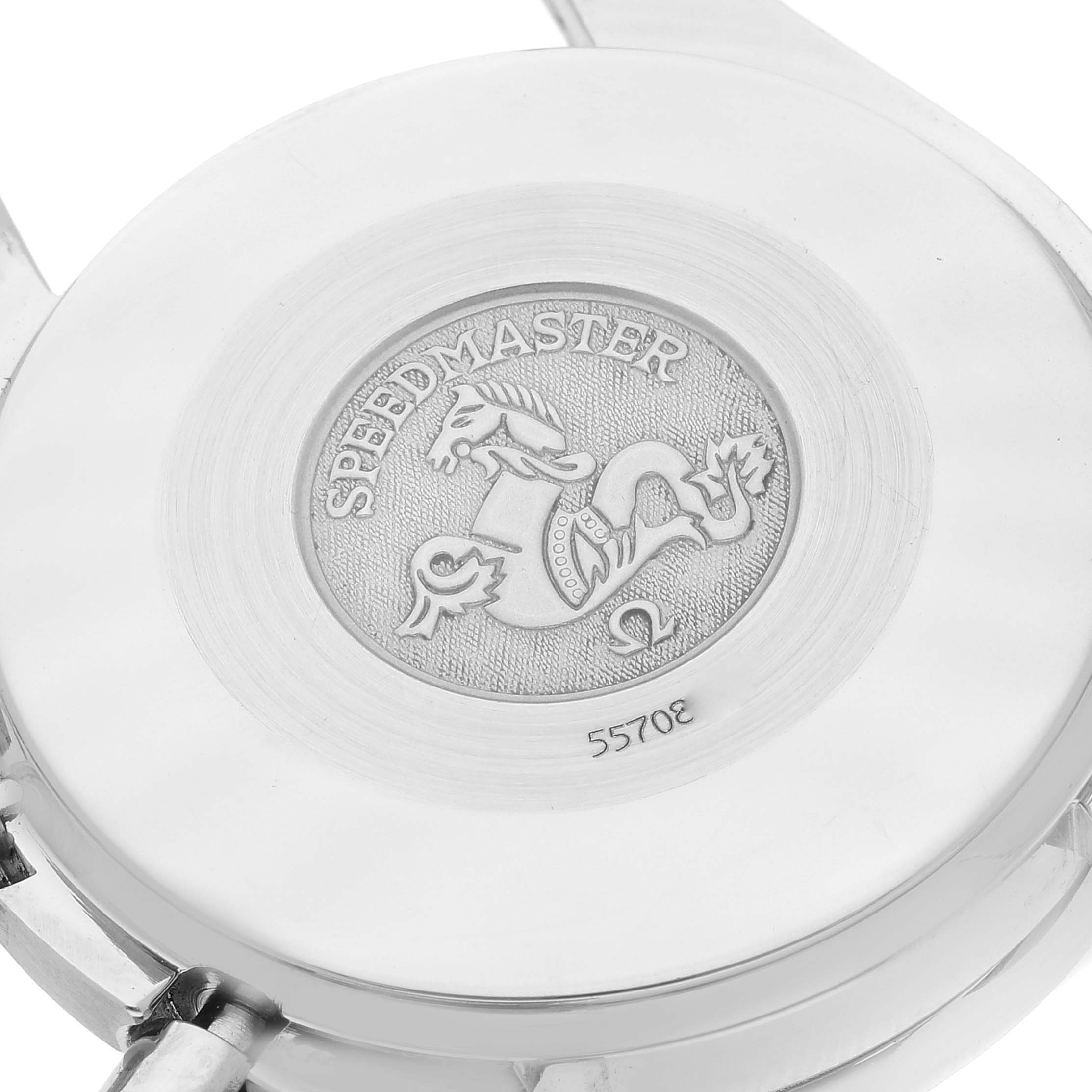 The image shows the case back of the Omega Speedmaster 3510.80.00 Men's Stainless Steel Blue Dial 3510.80.00 Men's Stainless Steel Blue Dial watch, featuring the engraved logo and model name.