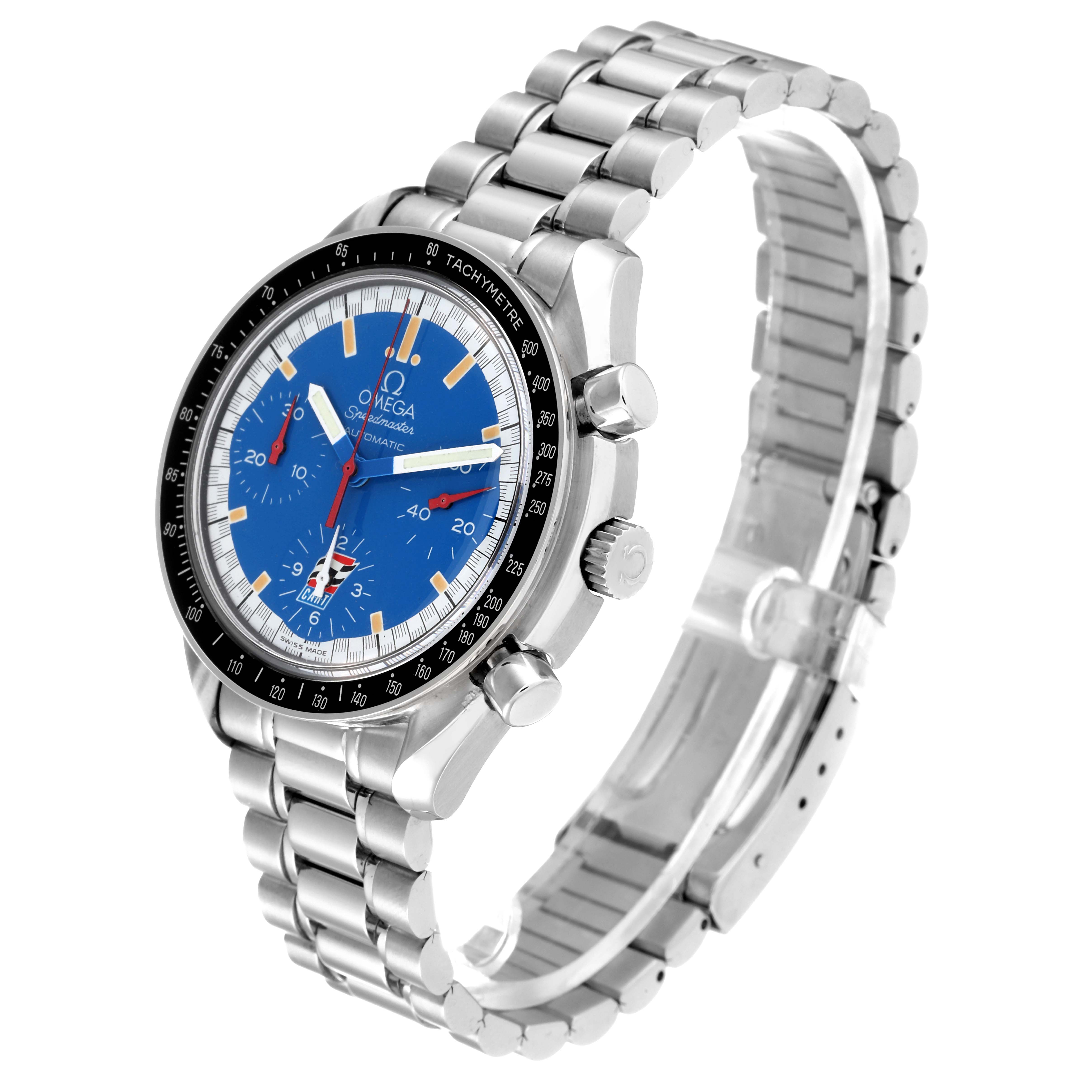 The image shows the Omega Speedmaster 3510.80.00 Men's Stainless Steel Blue Dial 3510.80.00 Men's Stainless Steel Blue Dial watch from a three-quarter angle, highlighting the face, bezel, crown, and bracelet.