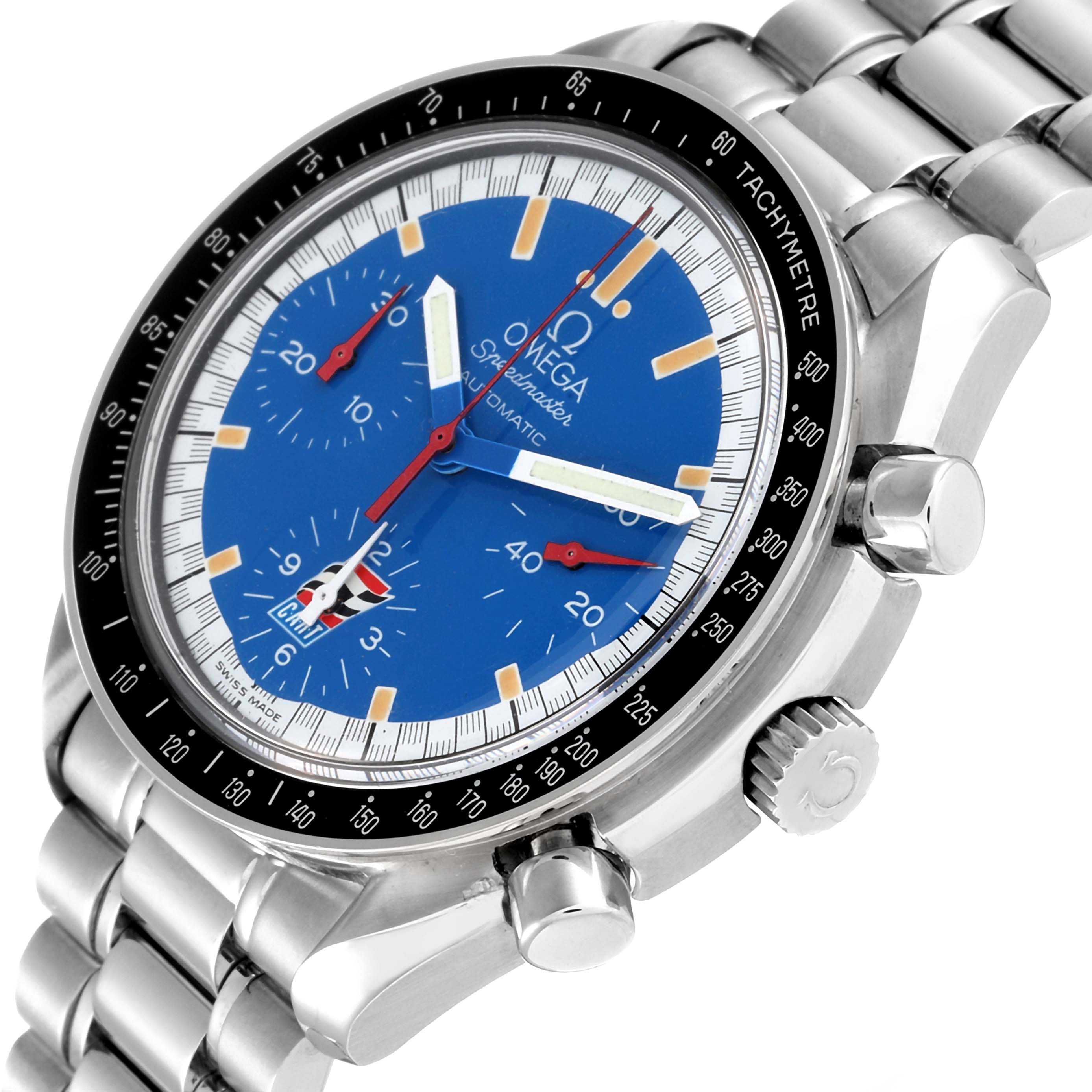 This image shows the Omega Speedmaster 3510.80.00 Men's Stainless Steel Blue Dial 3510.80.00 Men's Stainless Steel Blue Dial watch at a slight angle, highlighting the blue dial, tachymeter bezel, and stainless steel bracelet.