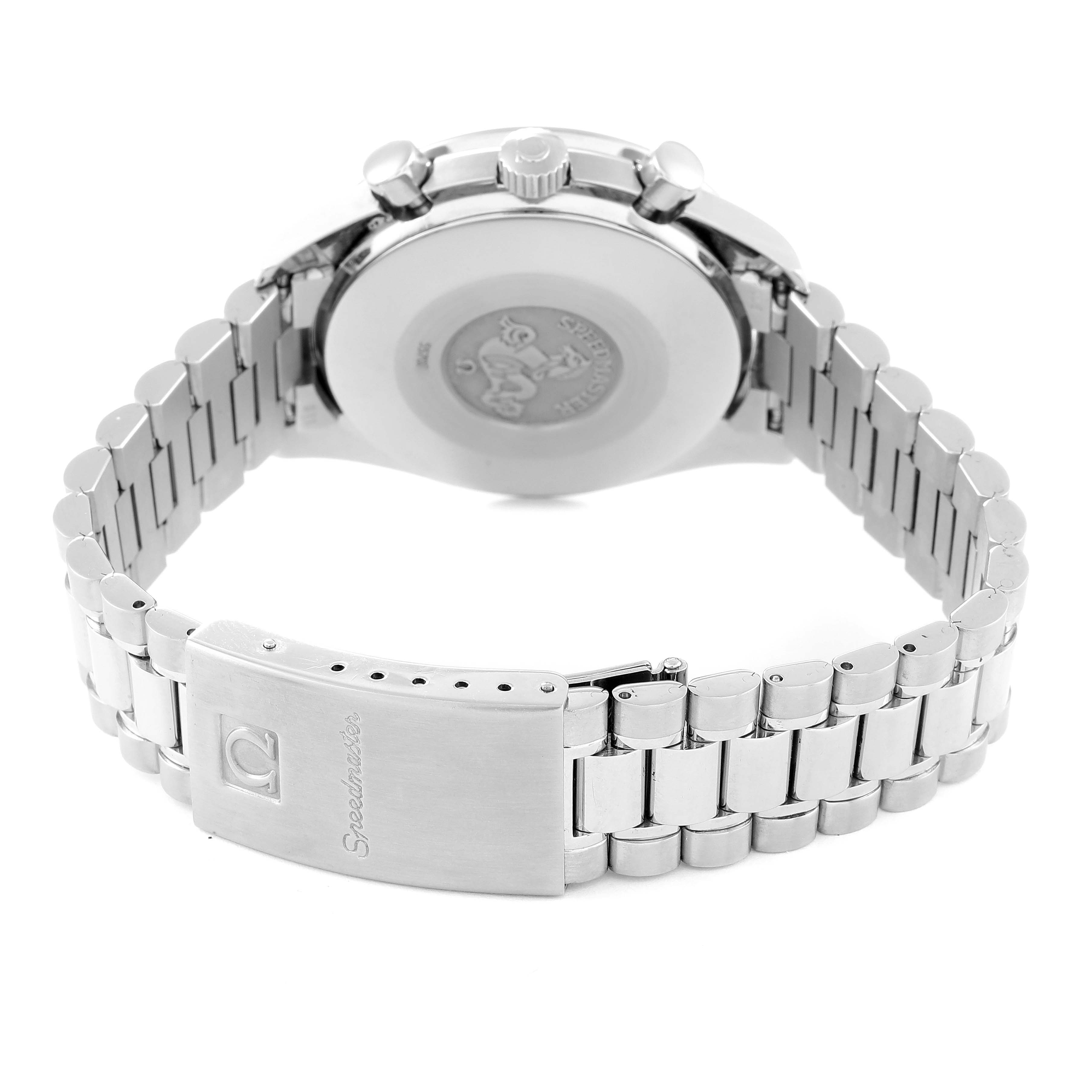 The image shows the back of the Omega Speedmaster 3510.80.00 Men's Stainless Steel Blue Dial 3510.80.00 Men's Stainless Steel Blue Dial watch, highlighting its bracelet and clasp.