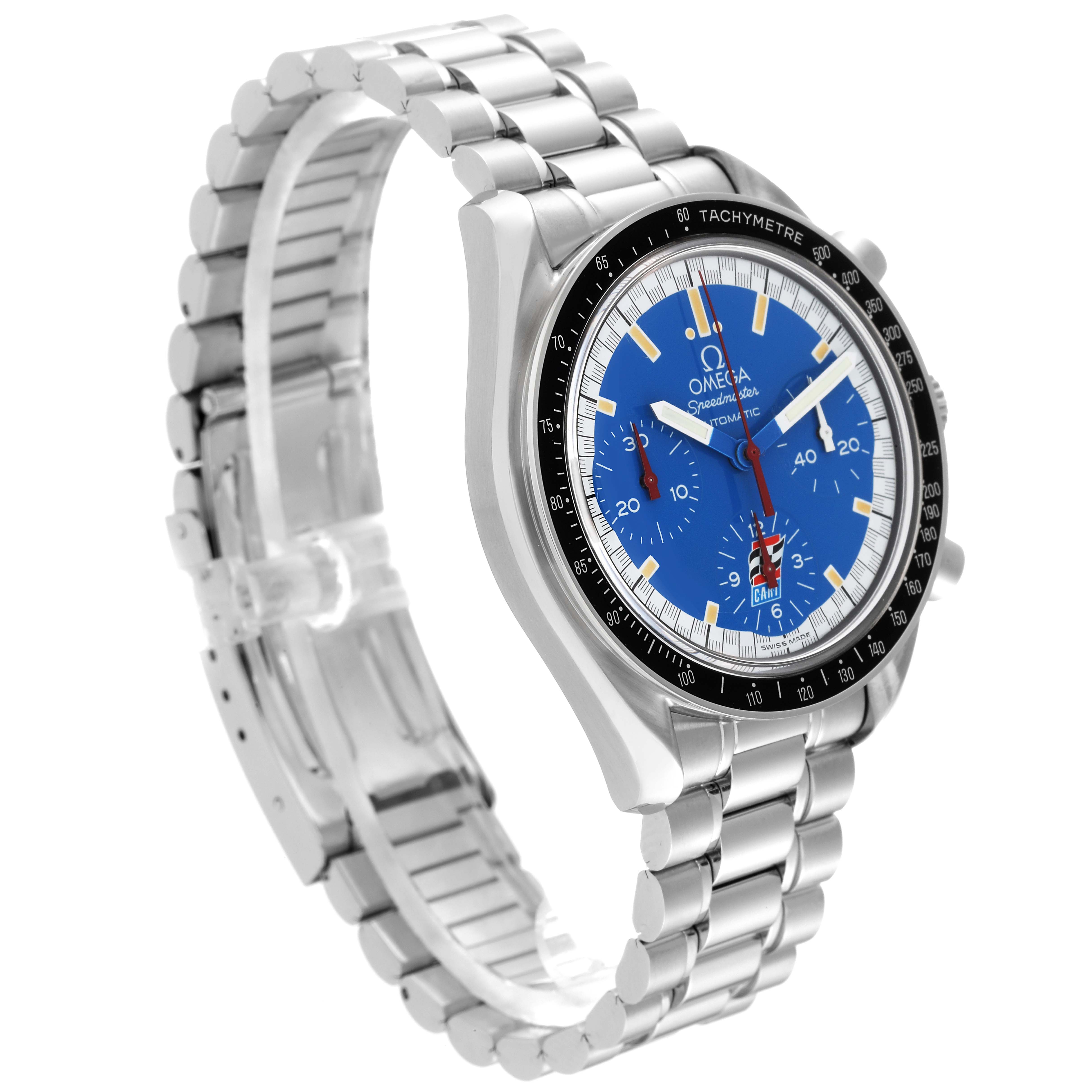 The image shows a side view of an Omega Speedmaster 3510.80.00 Men's Stainless Steel Blue Dial 3510.80.00 Men's Stainless Steel Blue Dial watch, featuring its blue dial, stainless steel bracelet, and tachymeter bezel.