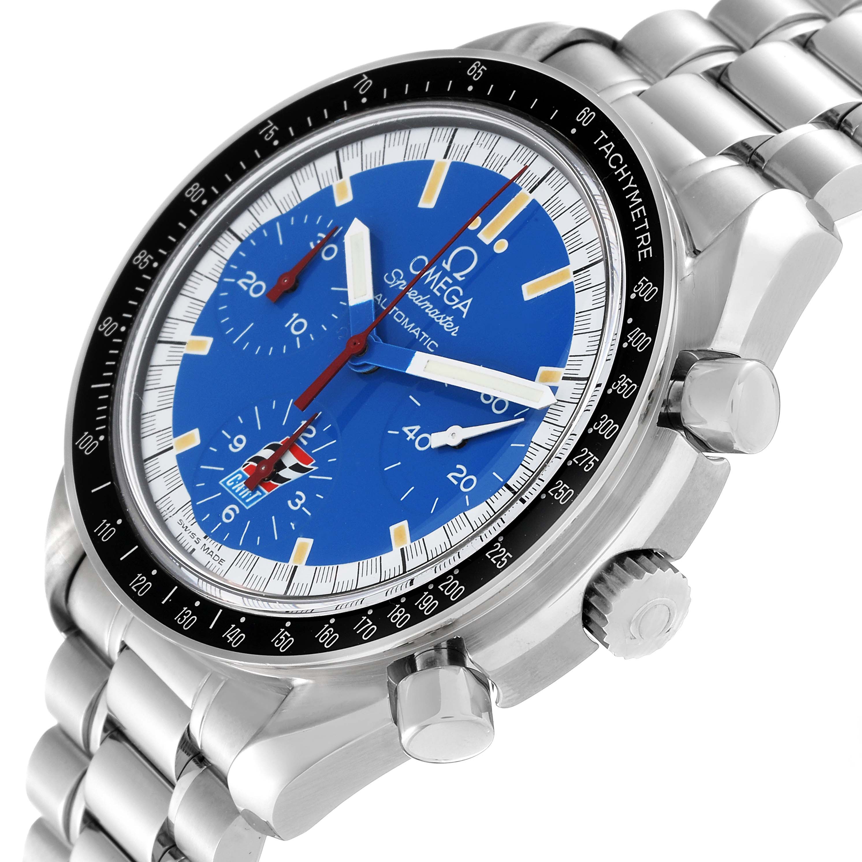 The Omega Speedmaster 3510.80.00 Men's Stainless Steel Blue Dial 3510.80.00 Men's Stainless Steel Blue Dial watch is shown at a slight angle, highlighting the blue dial, chronograph subdials, bezel, crown, and bracelet.