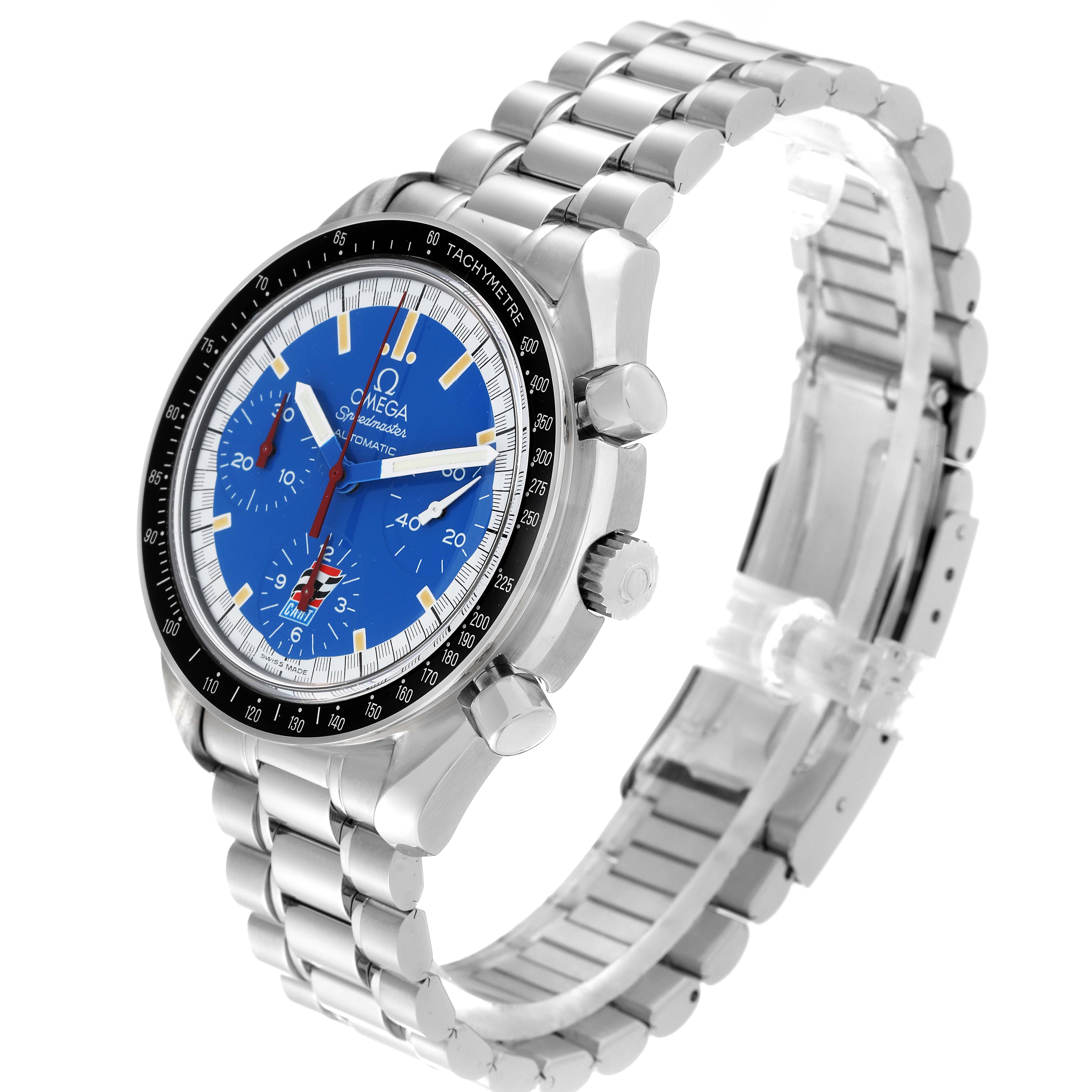 The Omega Speedmaster 3510.80.00 Men's Stainless Steel Blue Dial 3510.80.00 Men's Stainless Steel Blue Dial watch is shown at a slight angle, displaying the blue dial, tachymeter bezel, and stainless steel bracelet.