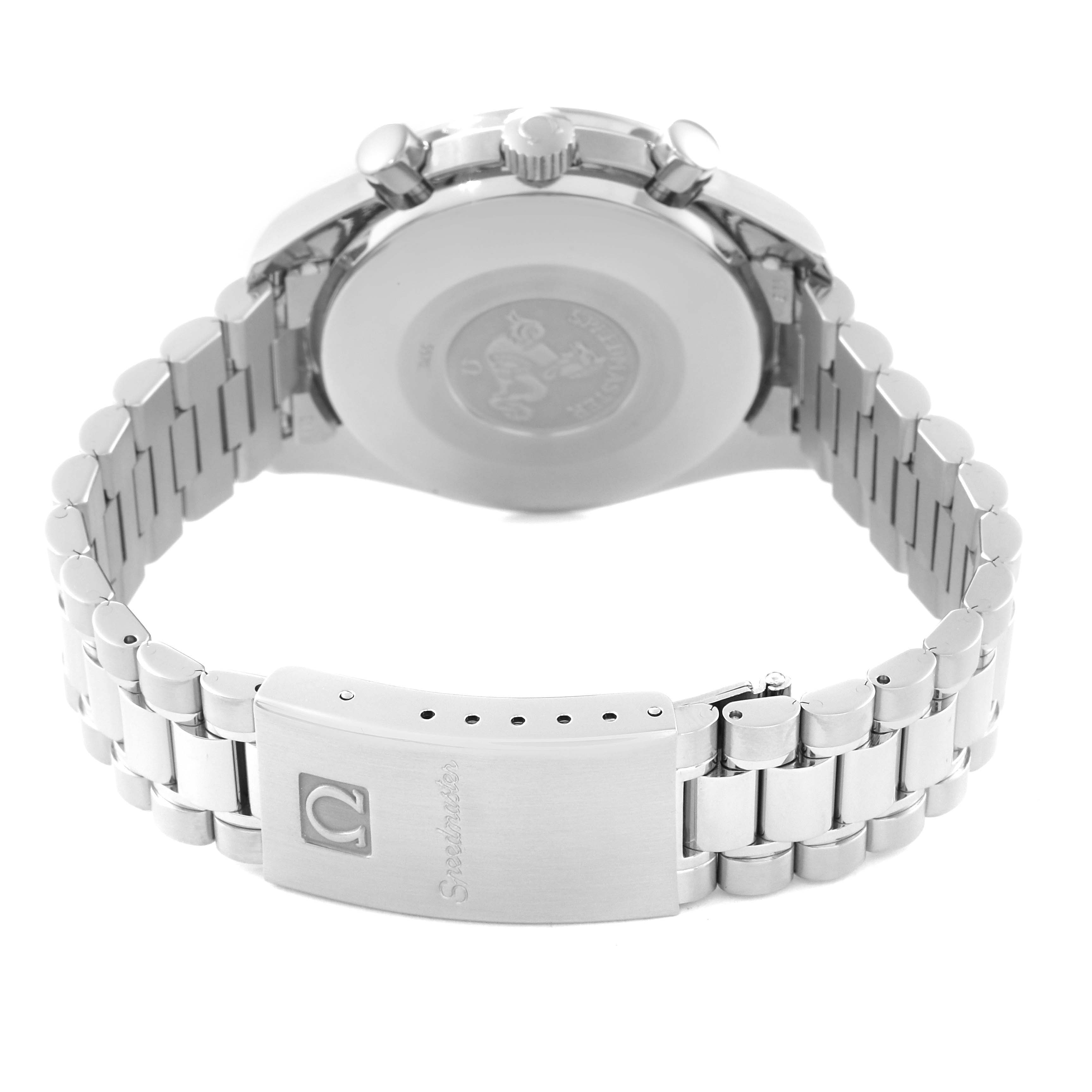 The image shows the back view of the Omega Speedmaster 3510.80.00 Men's Stainless Steel Blue Dial 3510.80.00 Men's Stainless Steel Blue Dial watch, focusing on the bracelet and clasp.