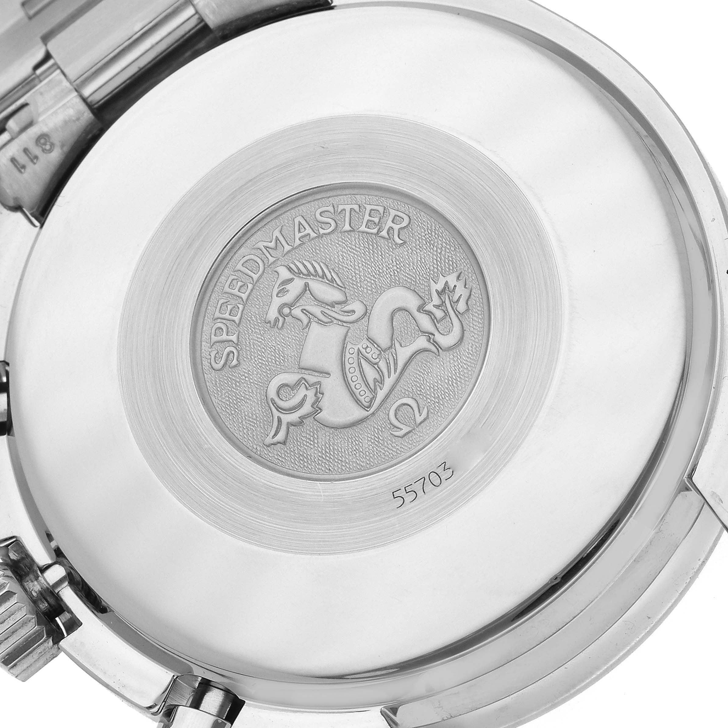 The image shows the engraved case back of an Omega Speedmaster 3510.80.00 Men's Stainless Steel Blue Dial 3510.80.00 Men's Stainless Steel Blue Dial watch, viewed straight on.