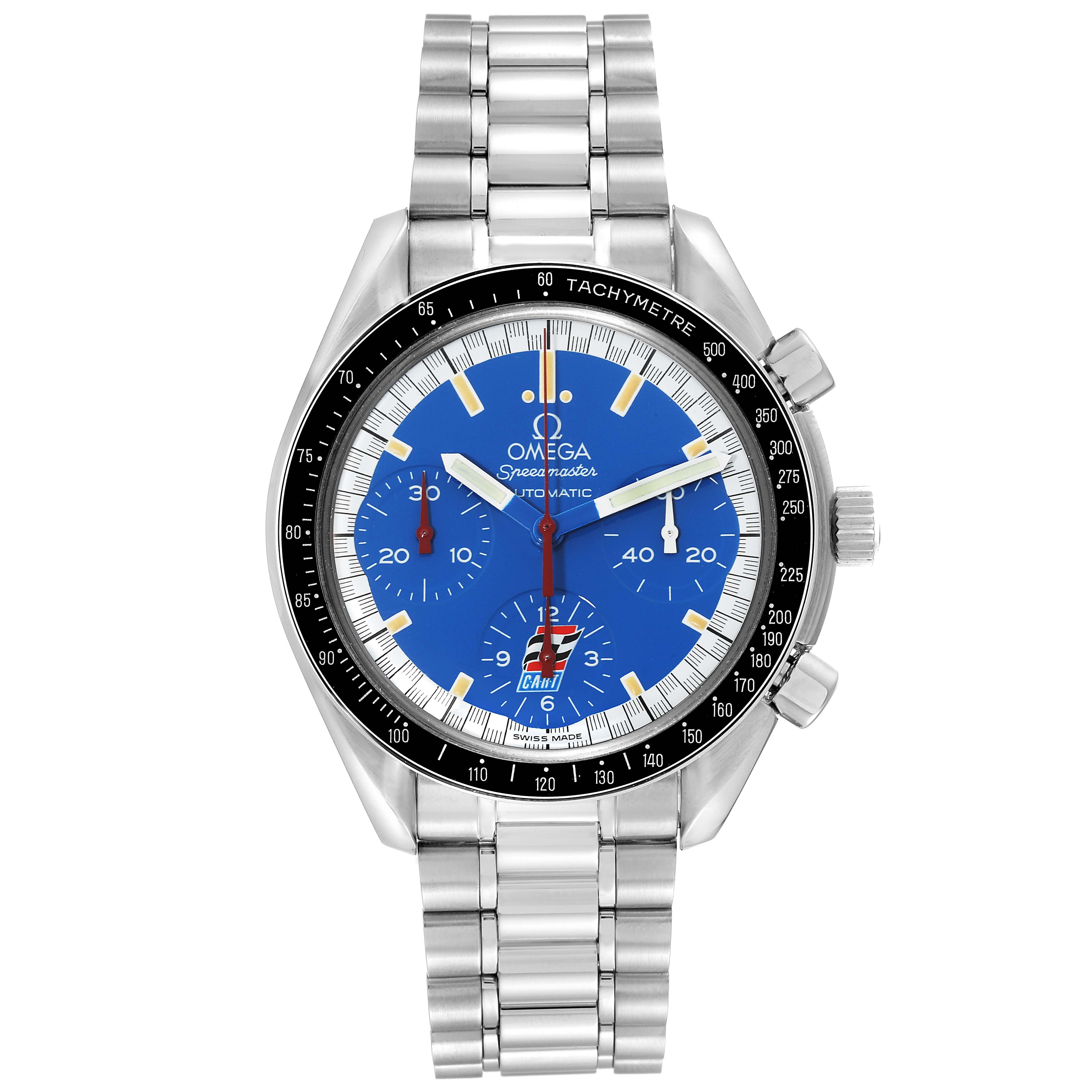 The Omega Speedmaster 3510.80.00 Men's Stainless Steel Blue Dial 3510.80.00 Men's Stainless Steel Blue Dial watch is shown from a top view, displaying its blue dial, tachymeter bezel, and stainless steel bracelet.