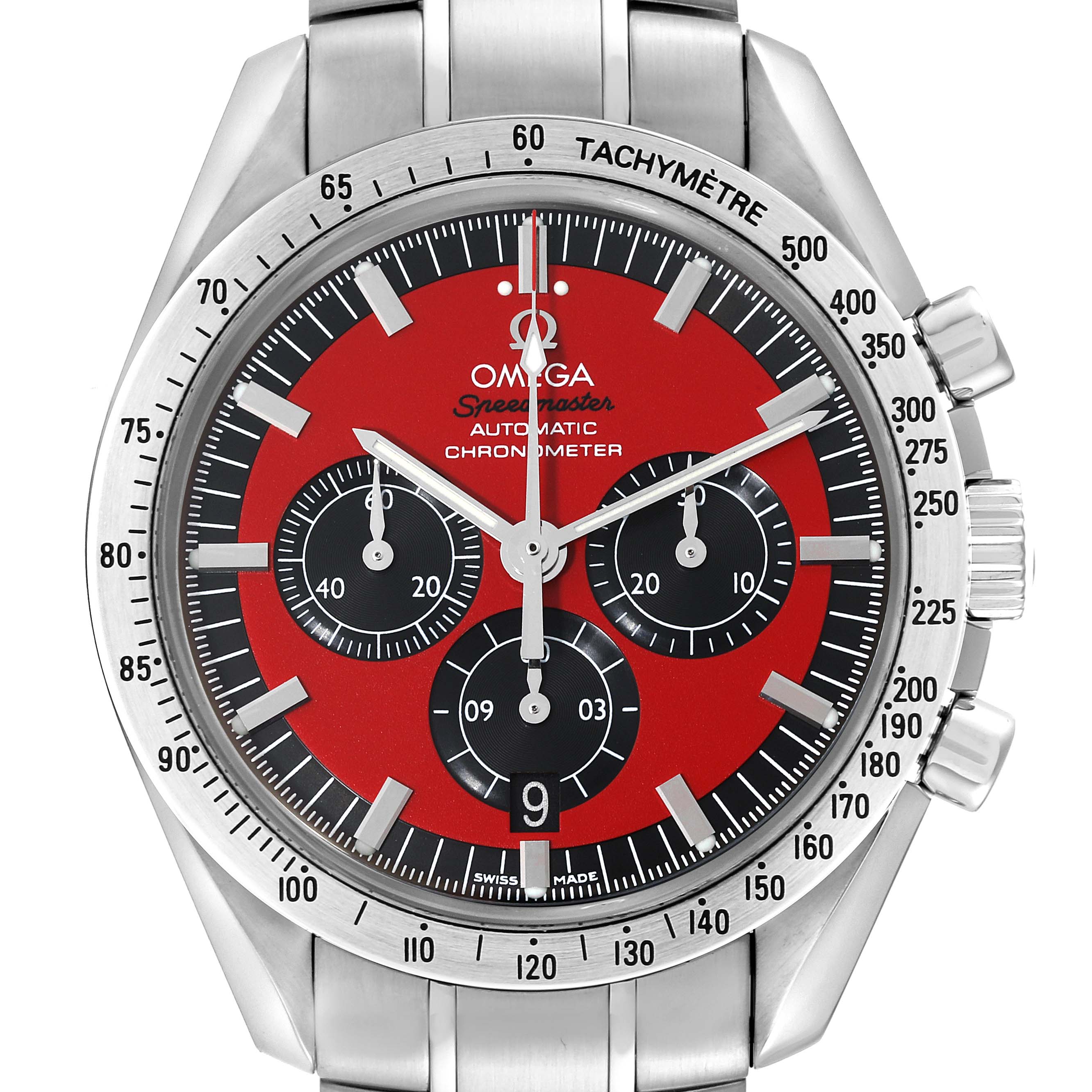 This is a top view of the Omega Speedmaster 3506.61.00 Men's Stainless Steel Red Dial 3506.61.00 Men's Stainless Steel Red Dial watch, displaying the dial, bezel, and part of the stainless steel bracelet.