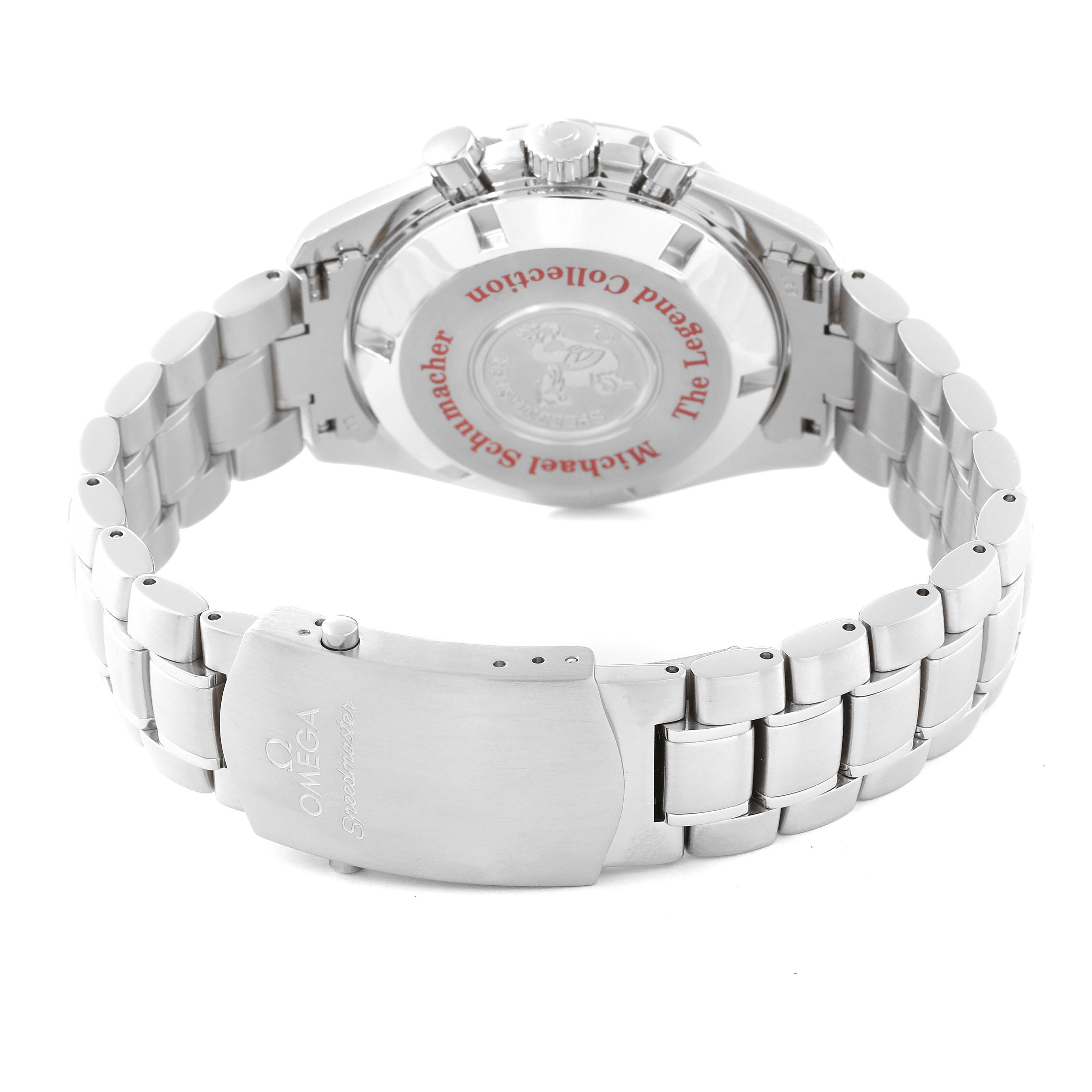 The image shows the backside and bracelet of an Omega Speedmaster 3506.61.00 Men's Stainless Steel Red Dial 3506.61.00 Men's Stainless Steel Red Dial watch, highlighting the clasp and caseback.
