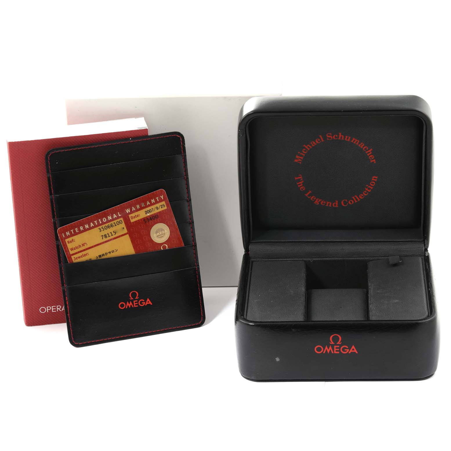 This image shows the packaging box, warranty card, and holder for the Omega Speedmaster 3506.61.00 Men's Stainless Steel Red Dial 3506.61.00 Men's Stainless Steel Red Dial "Michael Schumacher" Legend Collection watch.