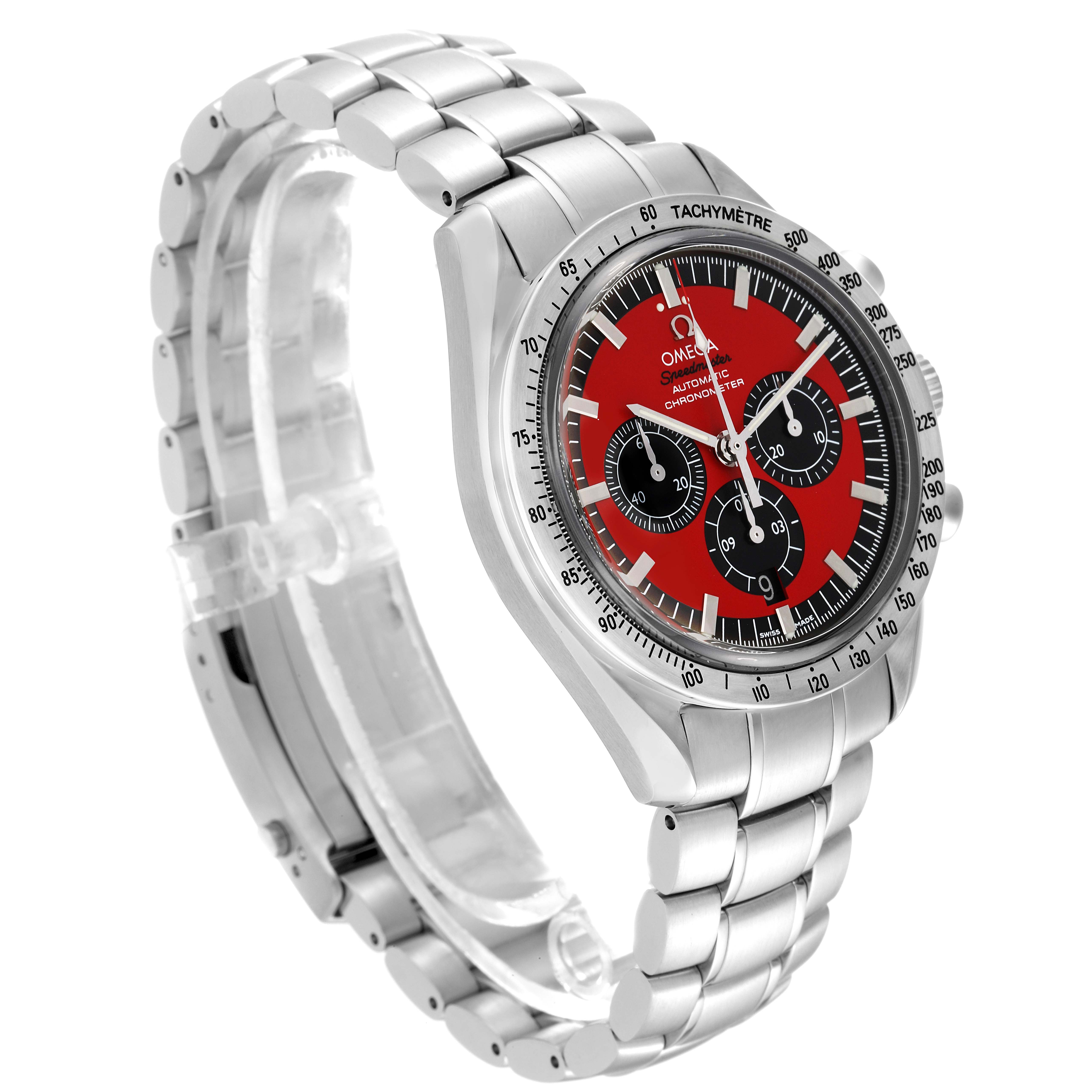 The Omega Speedmaster 3506.61.00 Men's Stainless Steel Red Dial 3506.61.00 Men's Stainless Steel Red Dial watch is shown at a slight angle highlighting the red dial, tachymeter bezel, and metal bracelet.