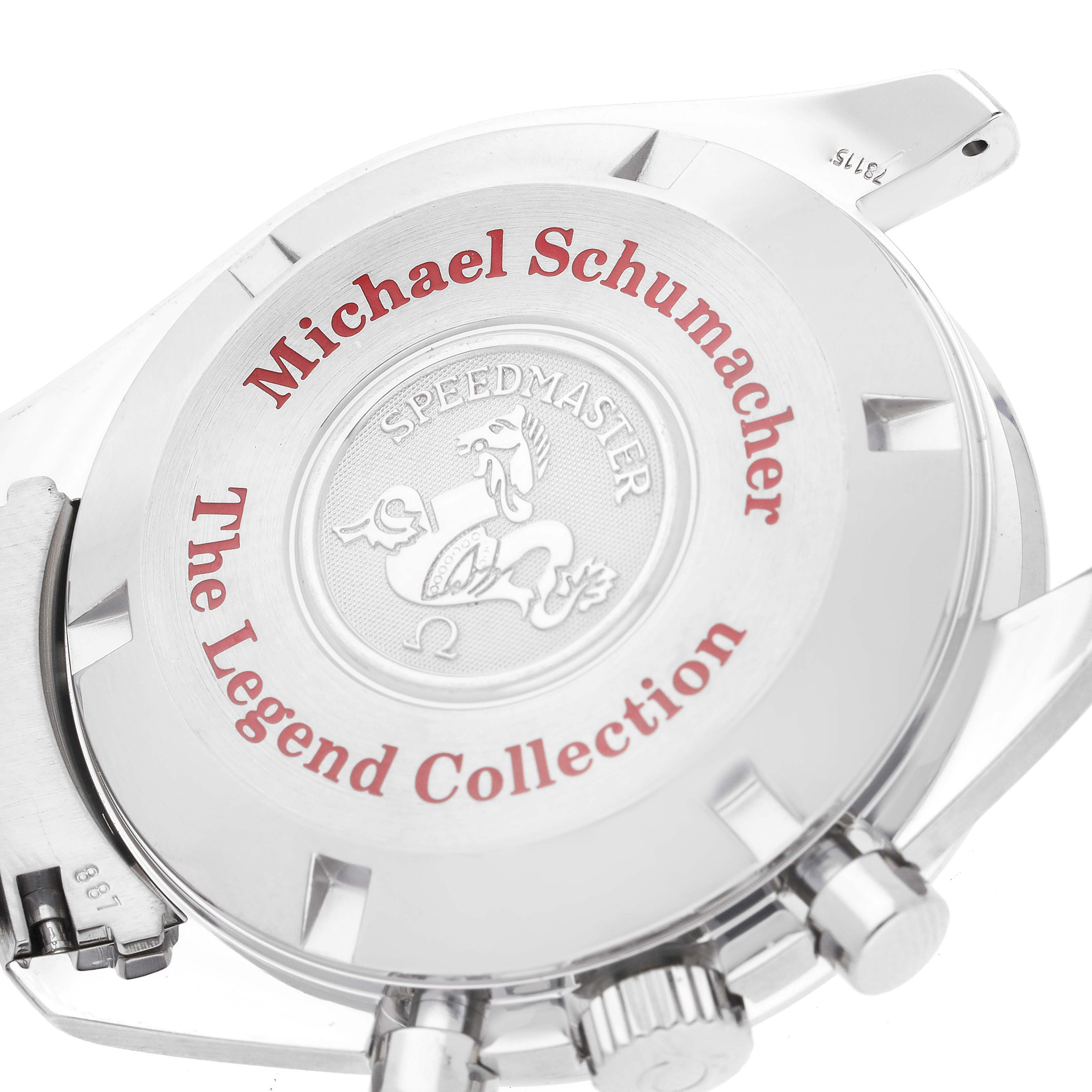 This image shows the case back of an Omega Speedmaster 3506.61.00 Men's Stainless Steel Red Dial 3506.61.00 Men's Stainless Steel Red Dial watch from the Michael Schumacher Legend Collection.