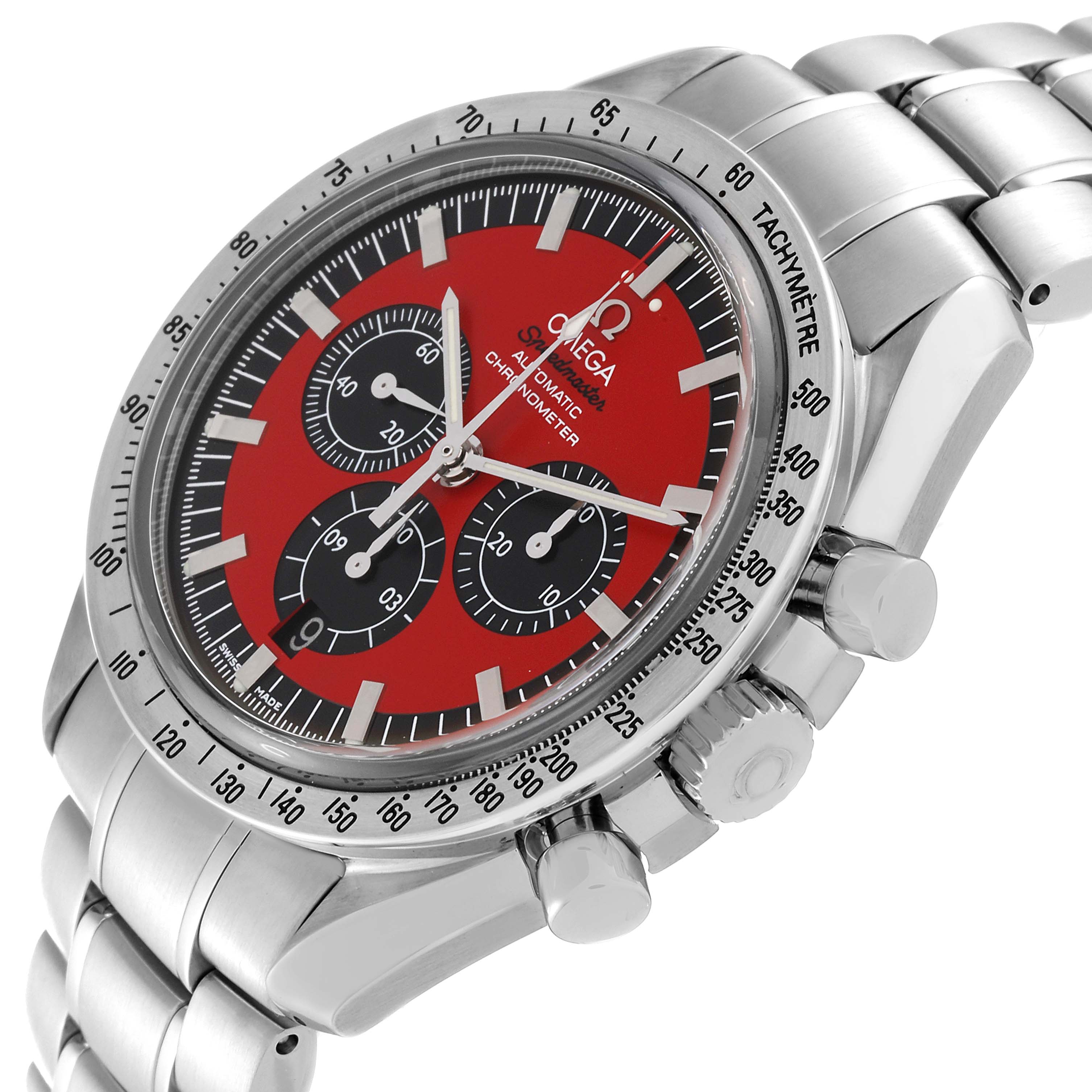 The image shows an angled view of the Omega Speedmaster 3506.61.00 Men's Stainless Steel Red Dial 3506.61.00 Men's Stainless Steel Red Dial watch, highlighting its red dial, subdials, tachymeter bezel, and stainless steel band.