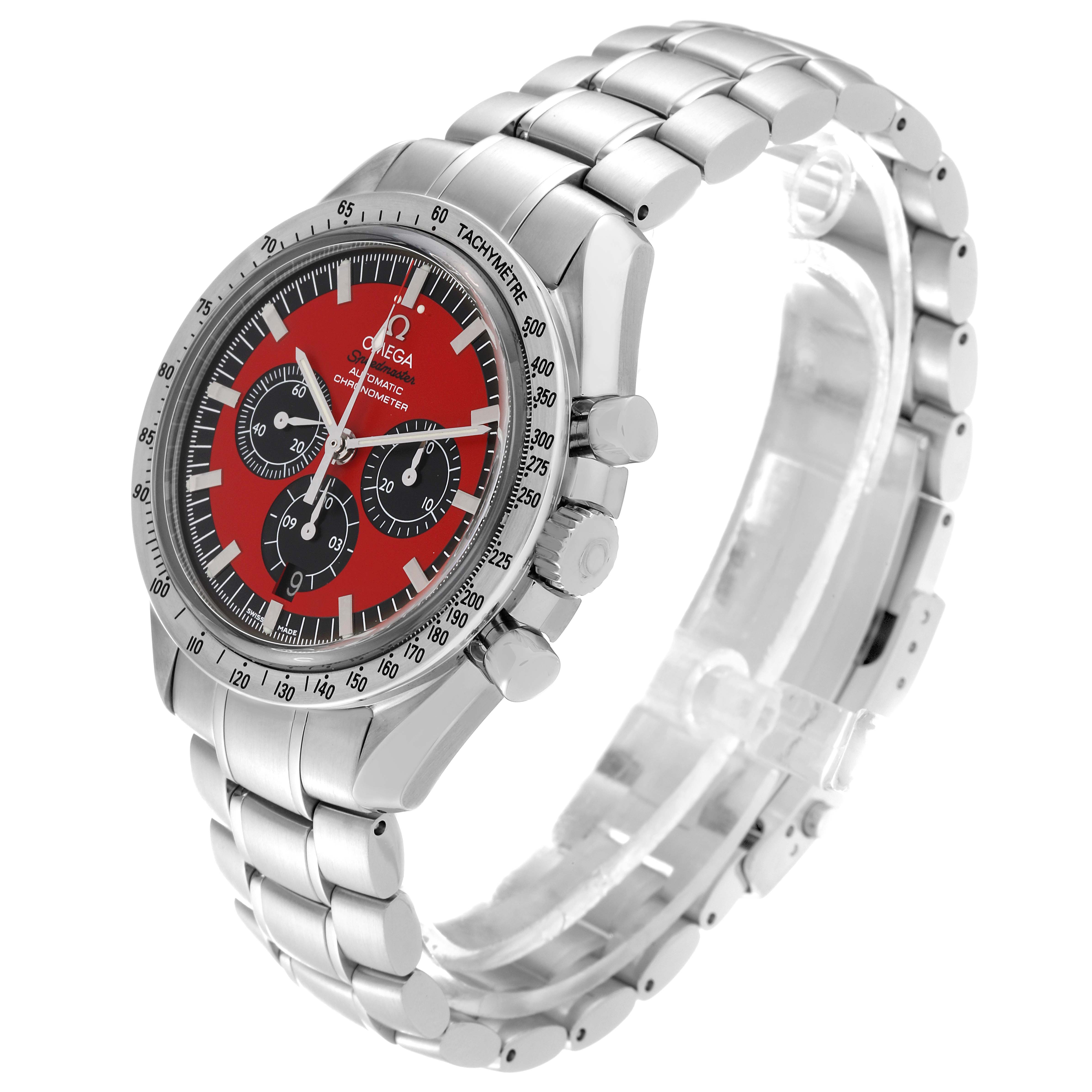 The Omega Speedmaster 3506.61.00 Men's Stainless Steel Red Dial 3506.61.00 Men's Stainless Steel Red Dial watch is shown at a three-quarter angle, highlighting its red dial, subdials, tachymeter bezel, and metal bracelet.