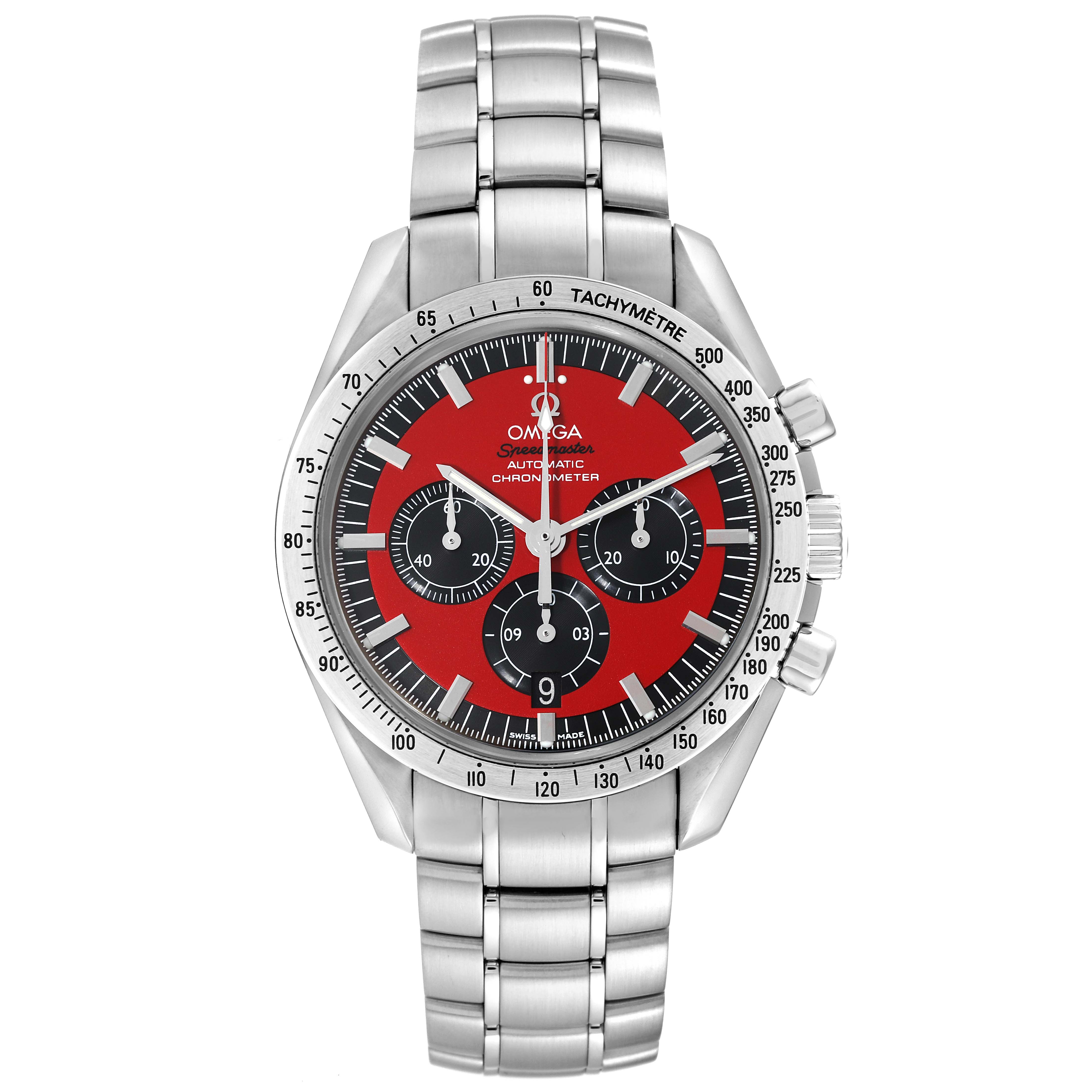 The image shows a frontal view of an Omega Speedmaster 3506.61.00 Men's Stainless Steel Red Dial 3506.61.00 Men's Stainless Steel Red Dial watch, highlighting the dial, time indicators, and stainless steel bracelet.