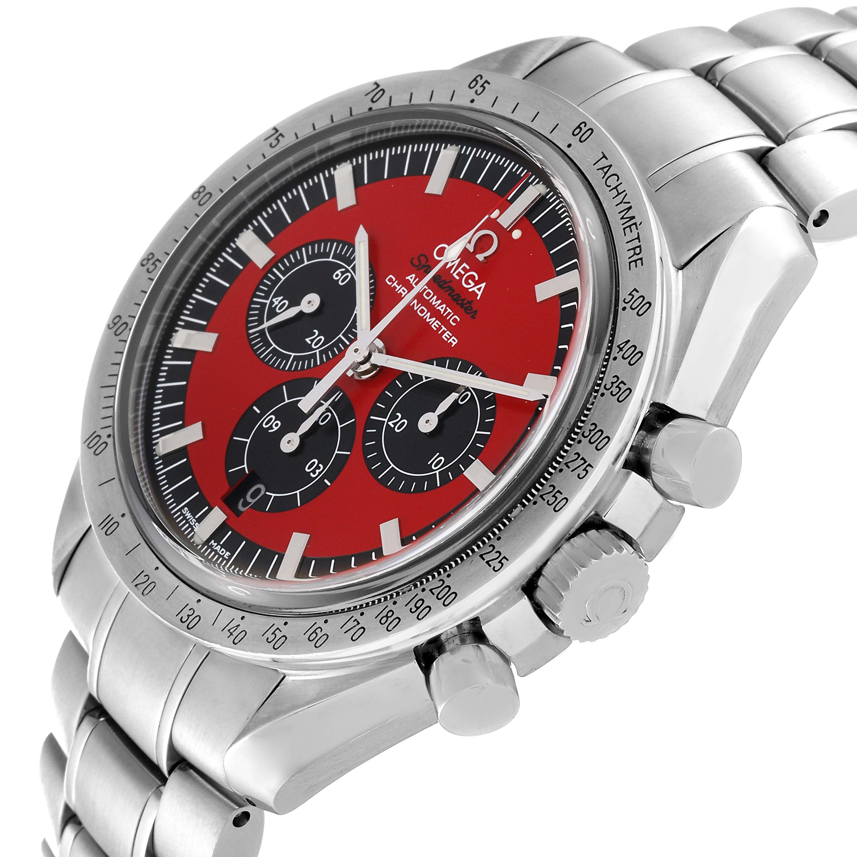 The image shows a close-up, angled view of the Omega Speedmaster 3506.61.00 Men
s Stainless Steel Red Dial 3506.61.00 Men
s Stainless Steel Red Dial watch, highlighting its dial, case, buttons, and bracelet.