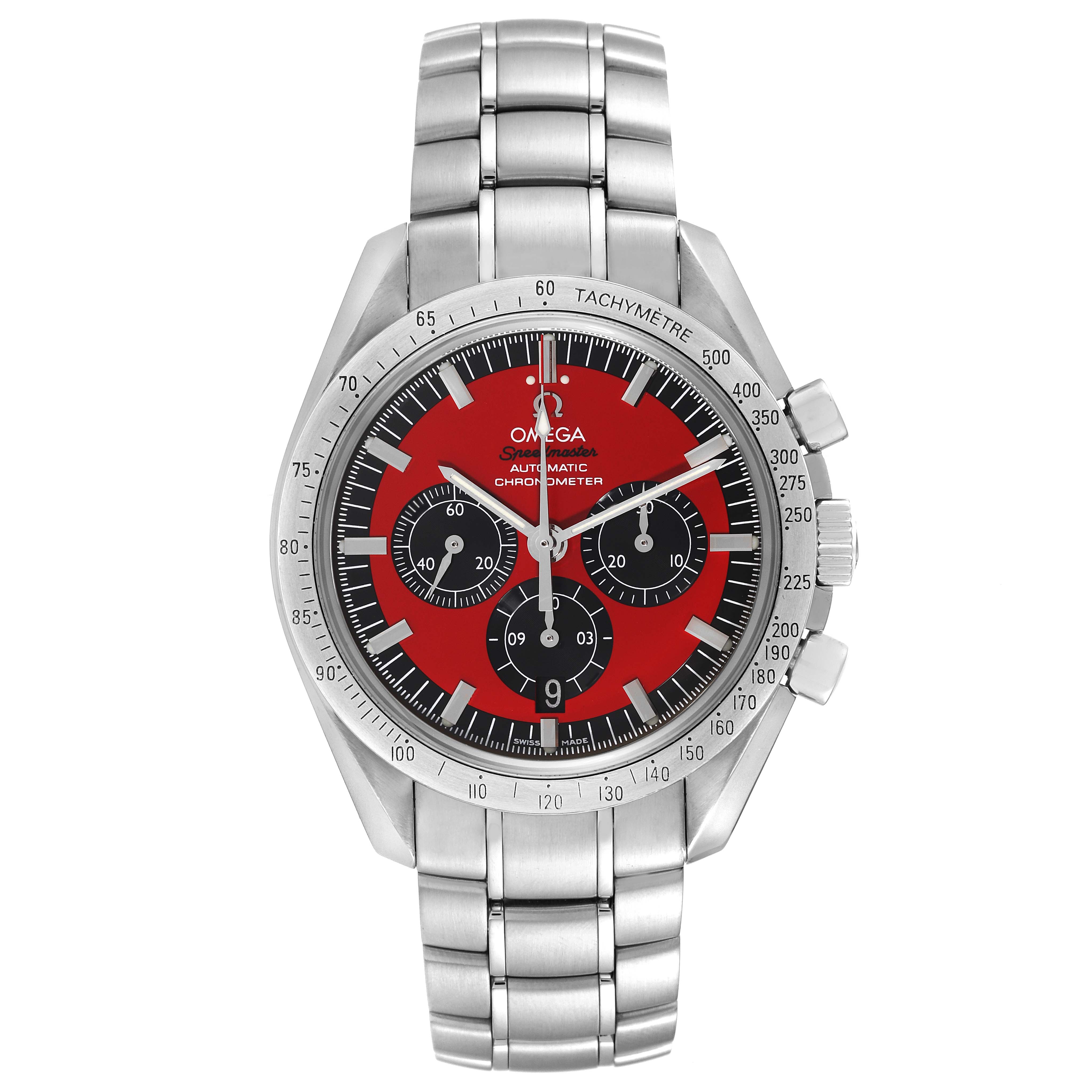 This Omega Speedmaster 3506.61.00 Men
s Stainless Steel Red Dial 3506.61.00 Men
s Stainless Steel Red Dial watch is shown from a top-down angle, highlighting its red and black dial with three sub-dials and a stainless steel bracelet.
