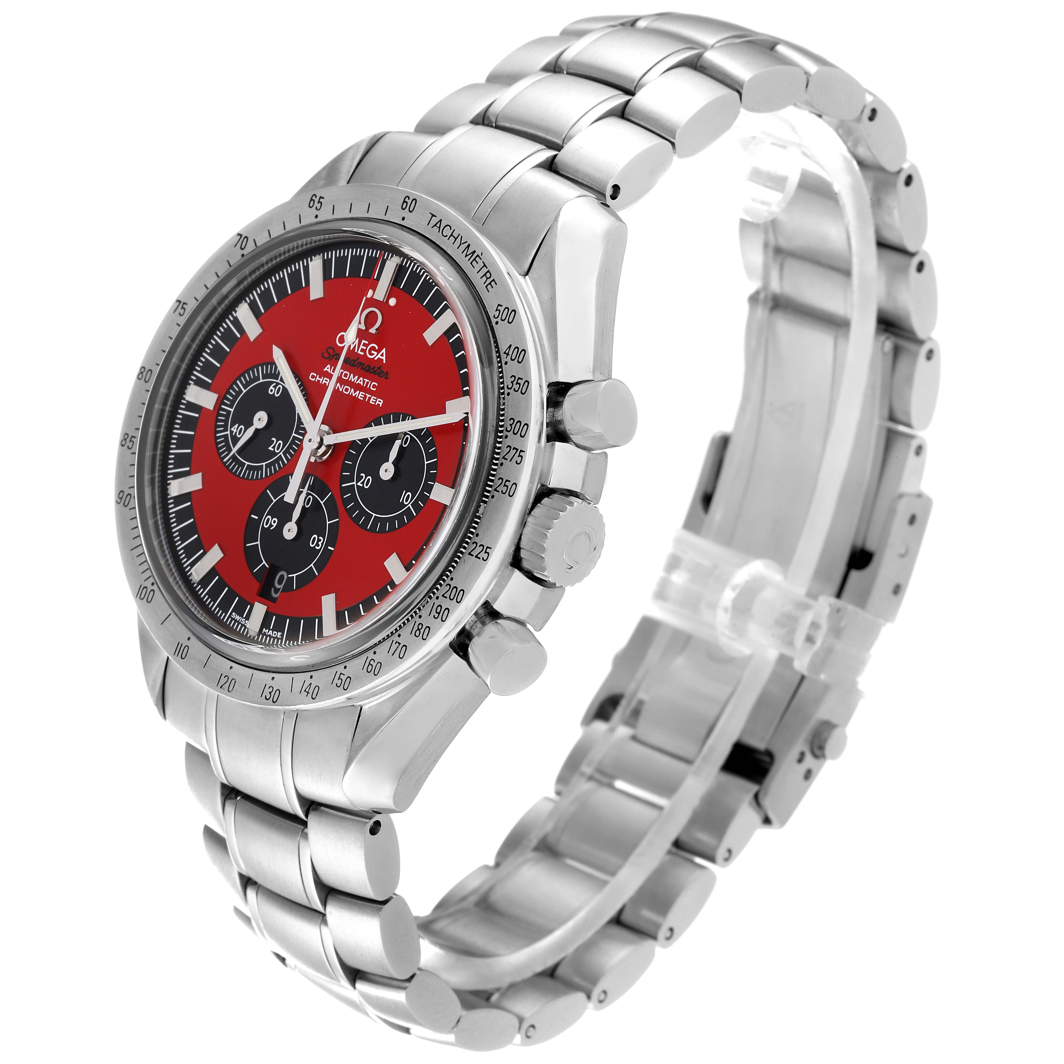 The image shows an Omega Speedmaster 3506.61.00 Men
s Stainless Steel Red Dial 3506.61.00 Men
s Stainless Steel Red Dial watch at a three-quarter angle, displaying its face, bezel, case, crown, and bracelet.