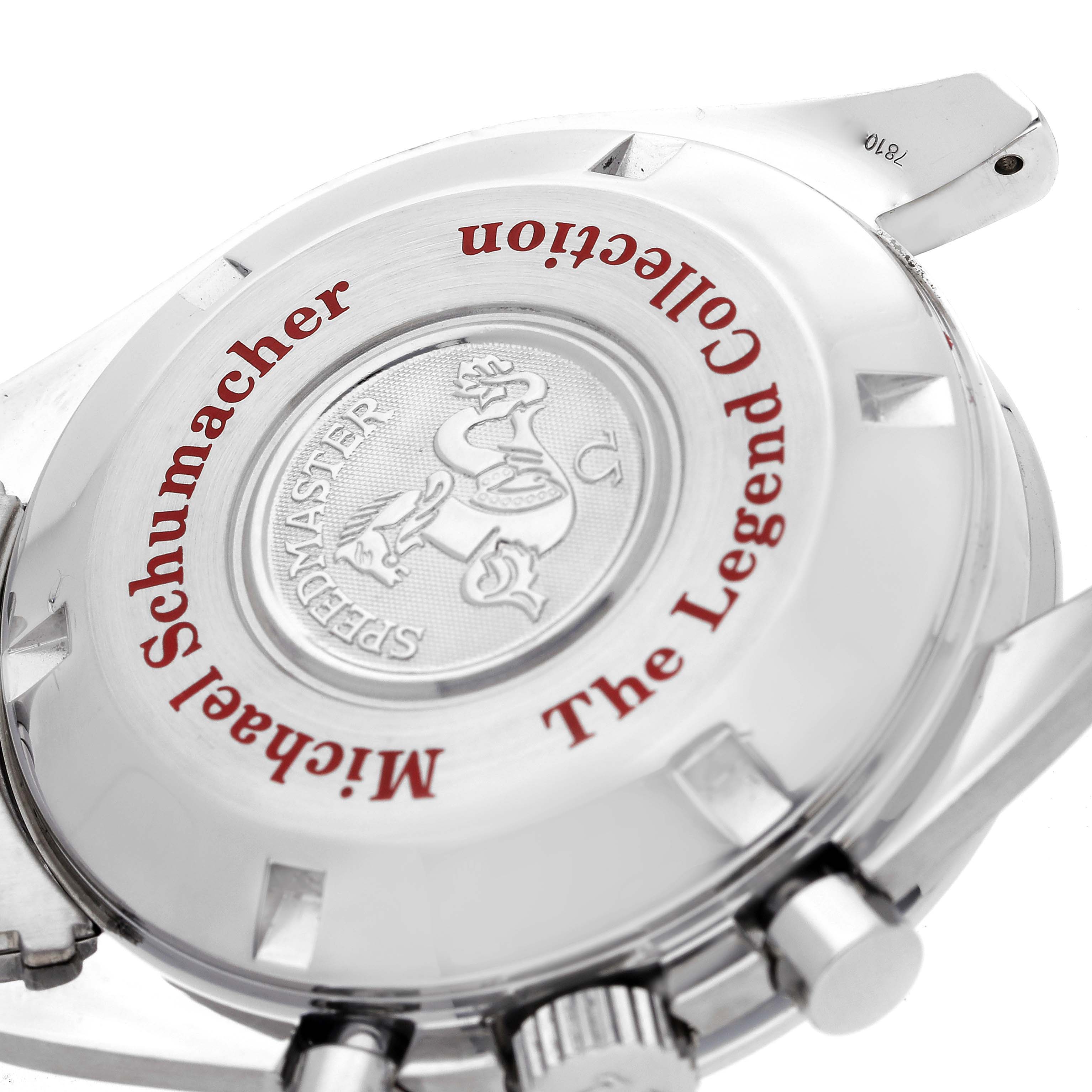 This is a close-up of the Omega Speedmaster 3506.61.00 Men
s Stainless Steel Red Dial 3506.61.00 Men
s Stainless Steel Red Dial watch
s case back, showing the Michael Schumacher "The Legend Collection" engraving.