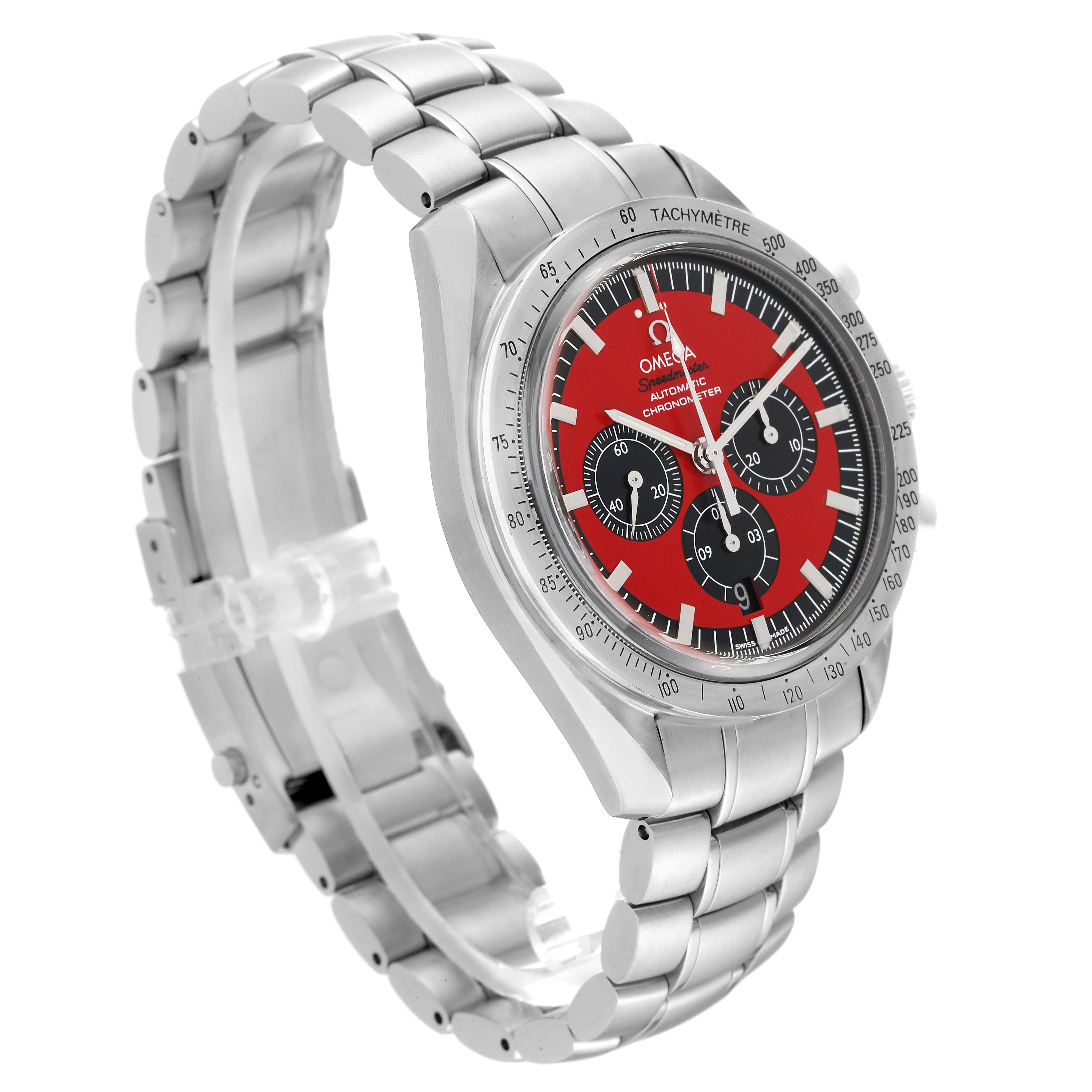 The Omega Speedmaster 3506.61.00 Men
s Stainless Steel Red Dial 3506.61.00 Men
s Stainless Steel Red Dial watch is shown at an angled view, displaying its face, bezel, crown, and bracelet.