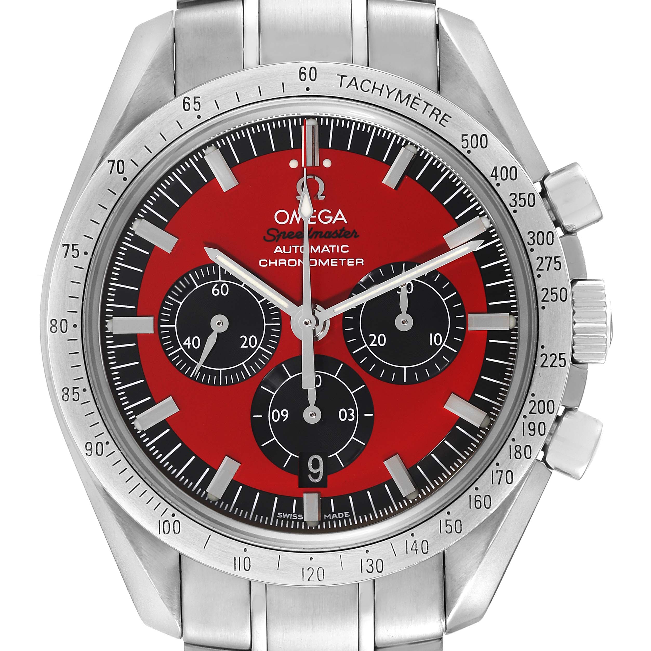 The image shows a frontal view of the Omega Speedmaster 3506.61.00 Men
s Stainless Steel Red Dial 3506.61.00 Men
s Stainless Steel Red Dial watch, highlighting its red dial, subdials, tachymeter bezel, and metal bracelet.