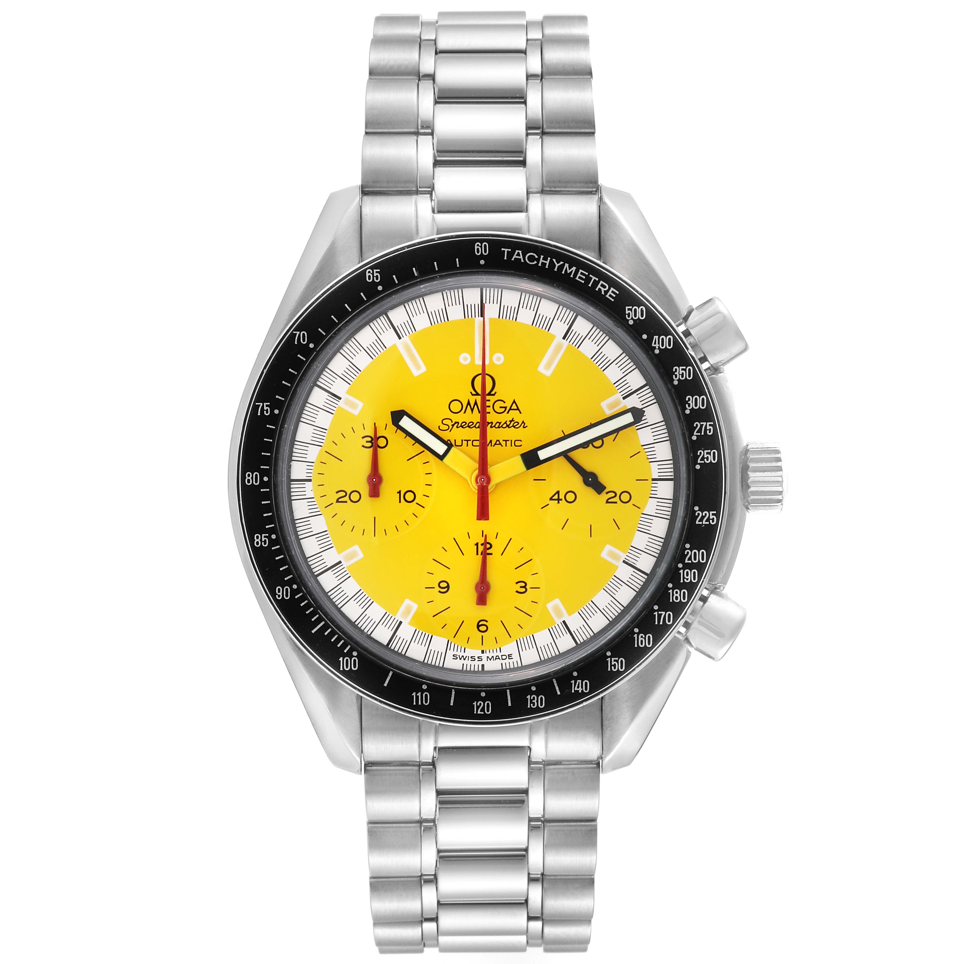 This Omega Speedmaster 3510.12.00 Men's Stainless Steel Yellow Dial 3510.12.00 Men's Stainless Steel Yellow Dial watch is shown from a front angle, highlighting its yellow dial, subdials, and stainless steel bracelet.