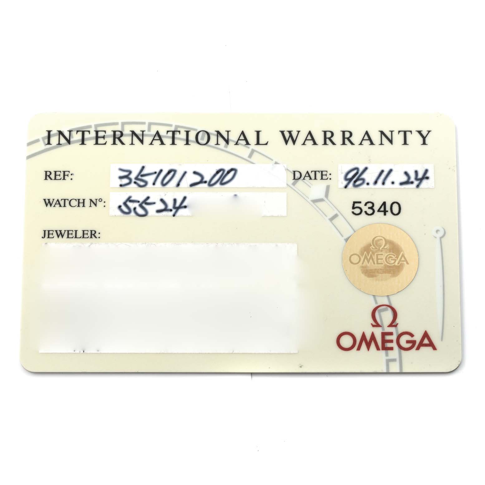 This image shows an international warranty card for an Omega Speedmaster 3510.12.00 Men's Stainless Steel Yellow Dial 3510.12.00 Men's Stainless Steel Yellow Dial watch.