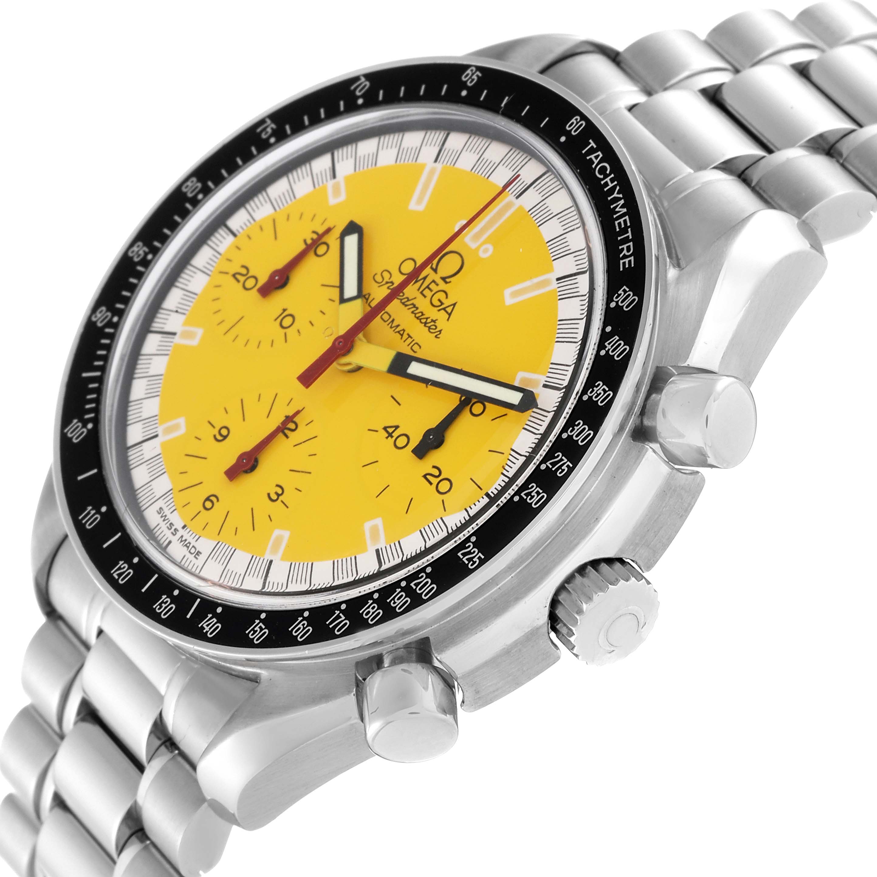 The photo shows a side-angle view of the Omega Speedmaster 3510.12.00 Men's Stainless Steel Yellow Dial 3510.12.00 Men's Stainless Steel Yellow Dial watch, highlighting the yellow dial, tachymeter bezel, and stainless steel bracelet.