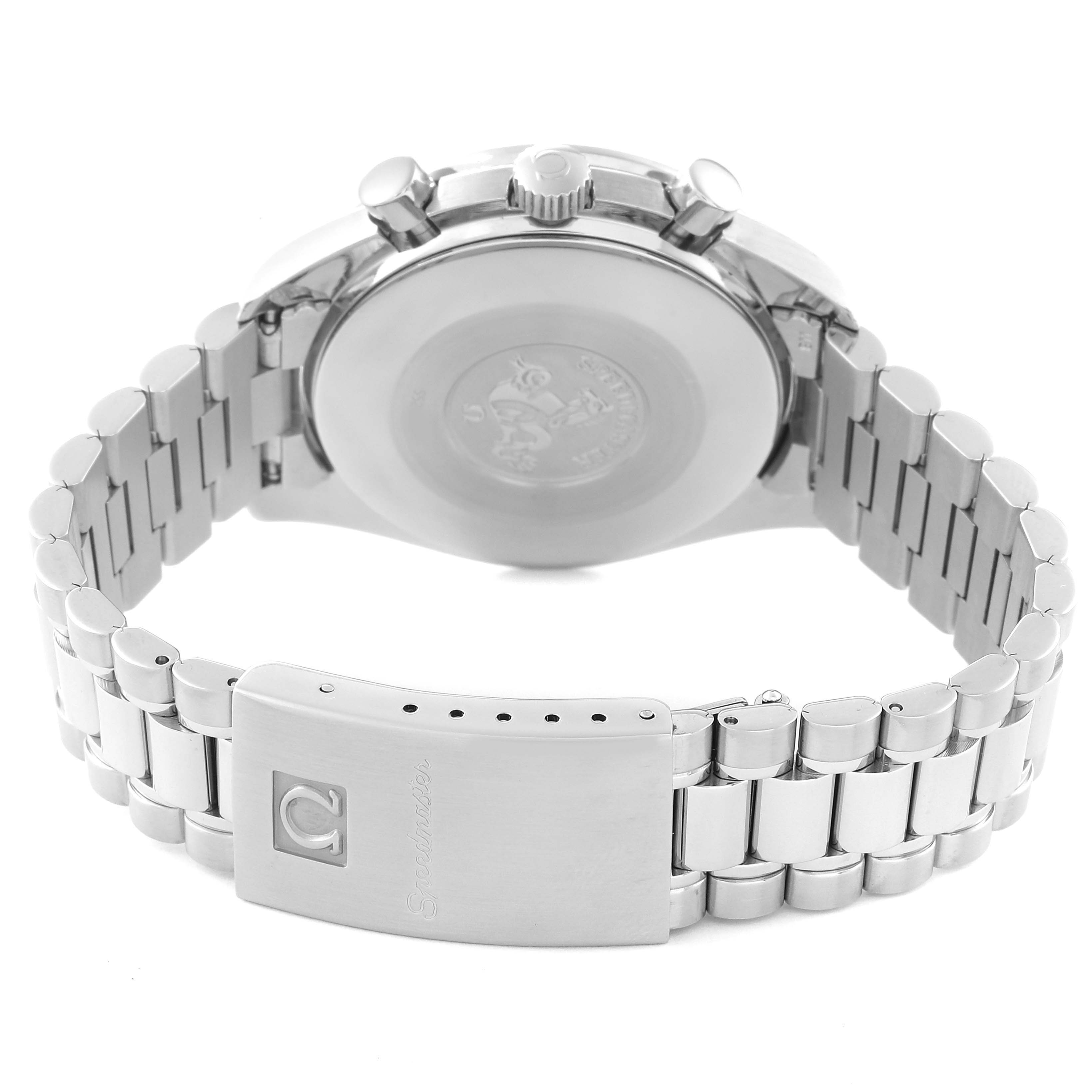 This image shows the stainless steel bracelet and case back of the Omega Speedmaster 3510.12.00 Men's Stainless Steel Yellow Dial 3510.12.00 Men's Stainless Steel Yellow Dial watch at an angled, slightly elevated rear view.