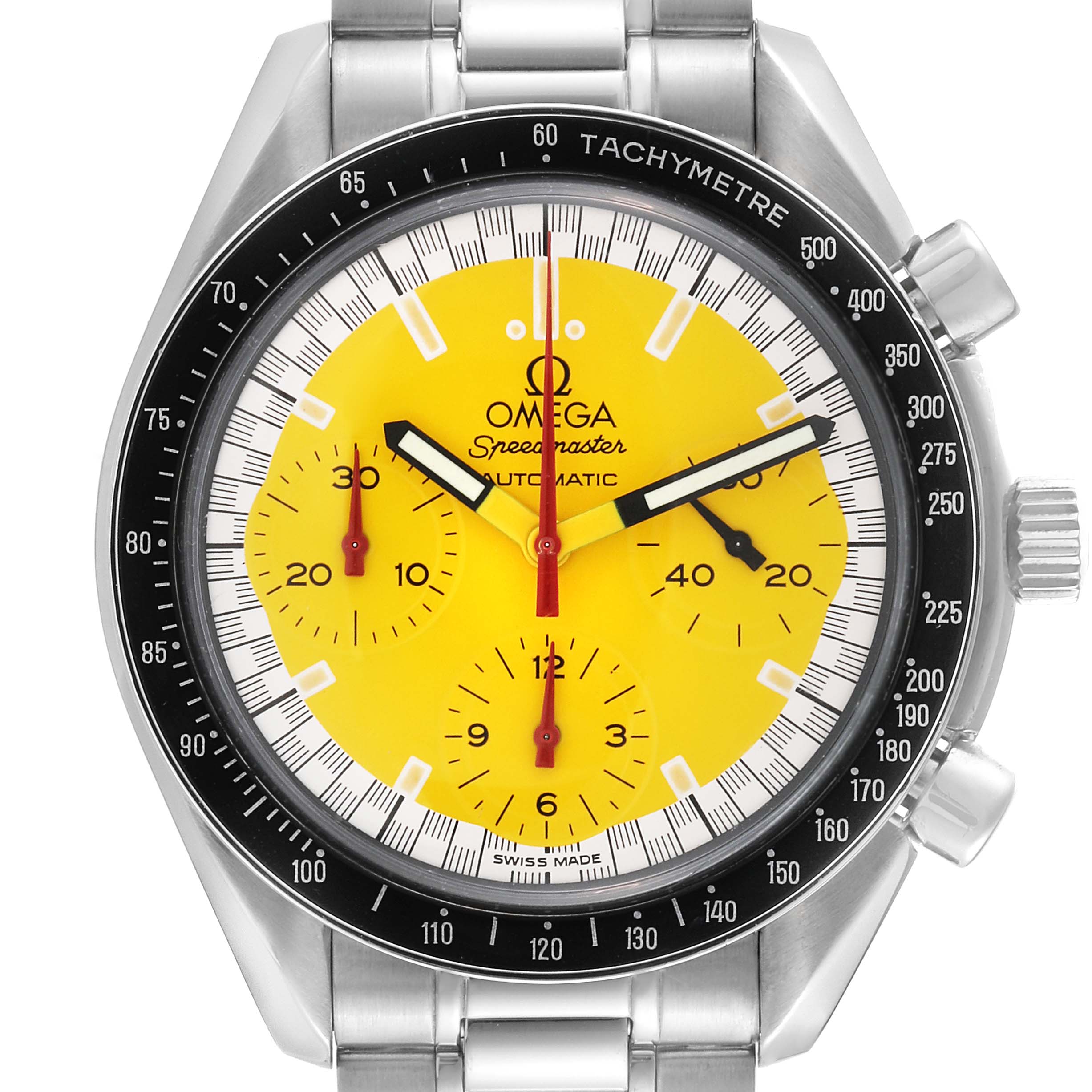 This image shows a front view of the Omega Speedmaster 3510.12.00 Men's Stainless Steel Yellow Dial 3510.12.00 Men's Stainless Steel Yellow Dial watch with a yellow dial, chronograph sub-dials, and a tachymeter bezel.