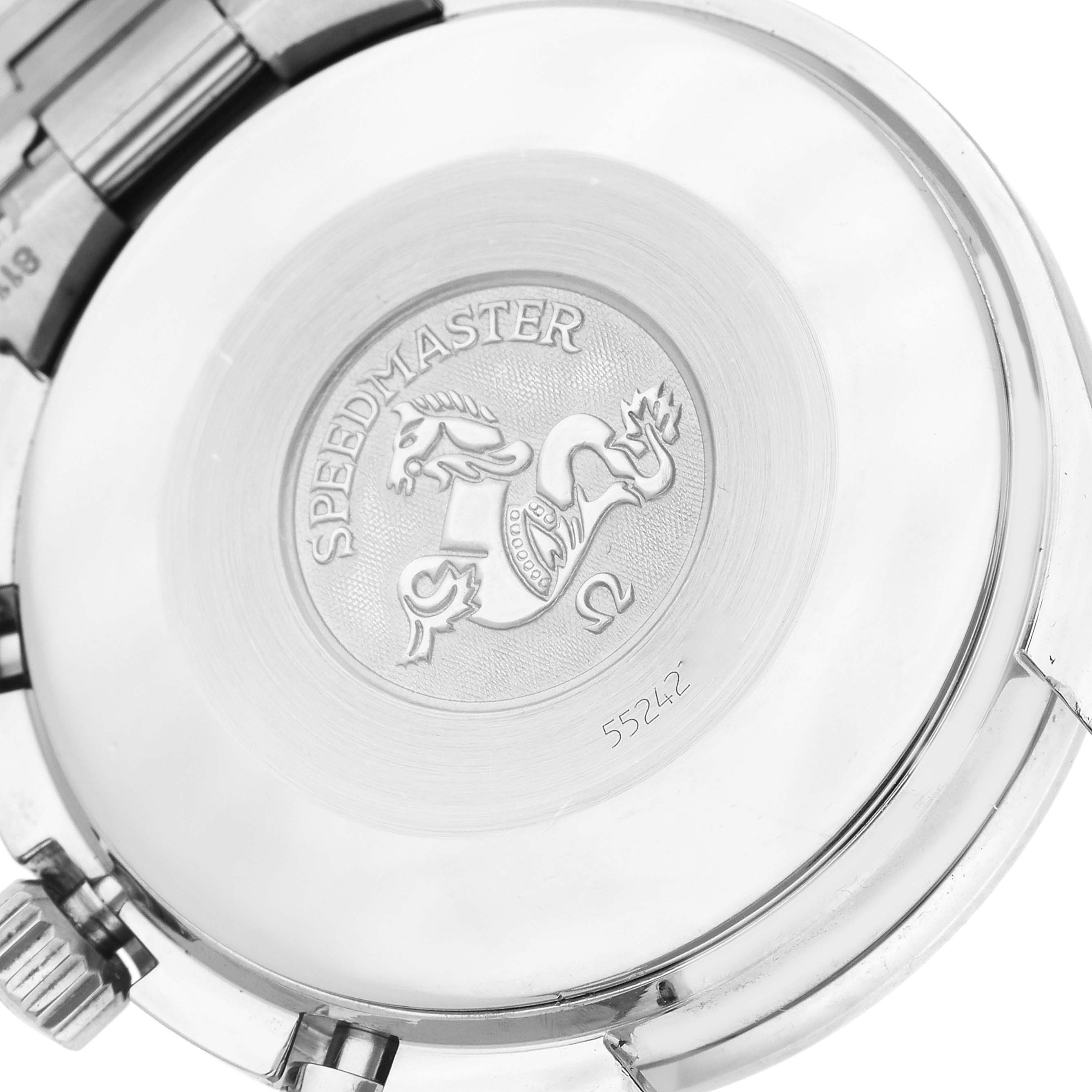 The image shows the back side of an Omega Speedmaster 3510.12.00 Men's Stainless Steel Yellow Dial 3510.12.00 Men's Stainless Steel Yellow Dial watch, featuring the engraved logo and some of the metal bracelet.