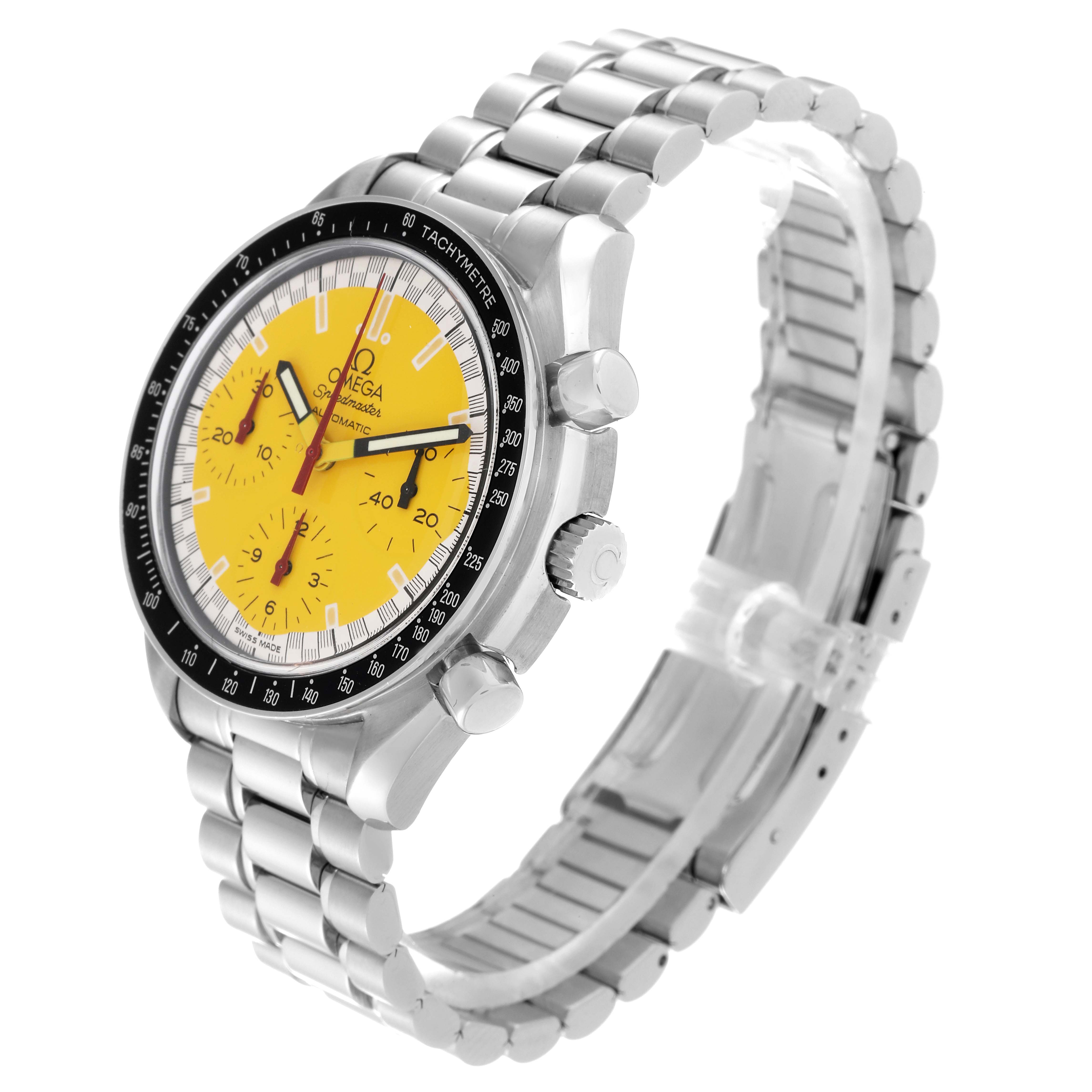 The Omega Speedmaster 3510.12.00 Men's Stainless Steel Yellow Dial 3510.12.00 Men's Stainless Steel Yellow Dial watch is shown at a three-quarter angle, highlighting the yellow dial, bezel, crown, and steel bracelet.