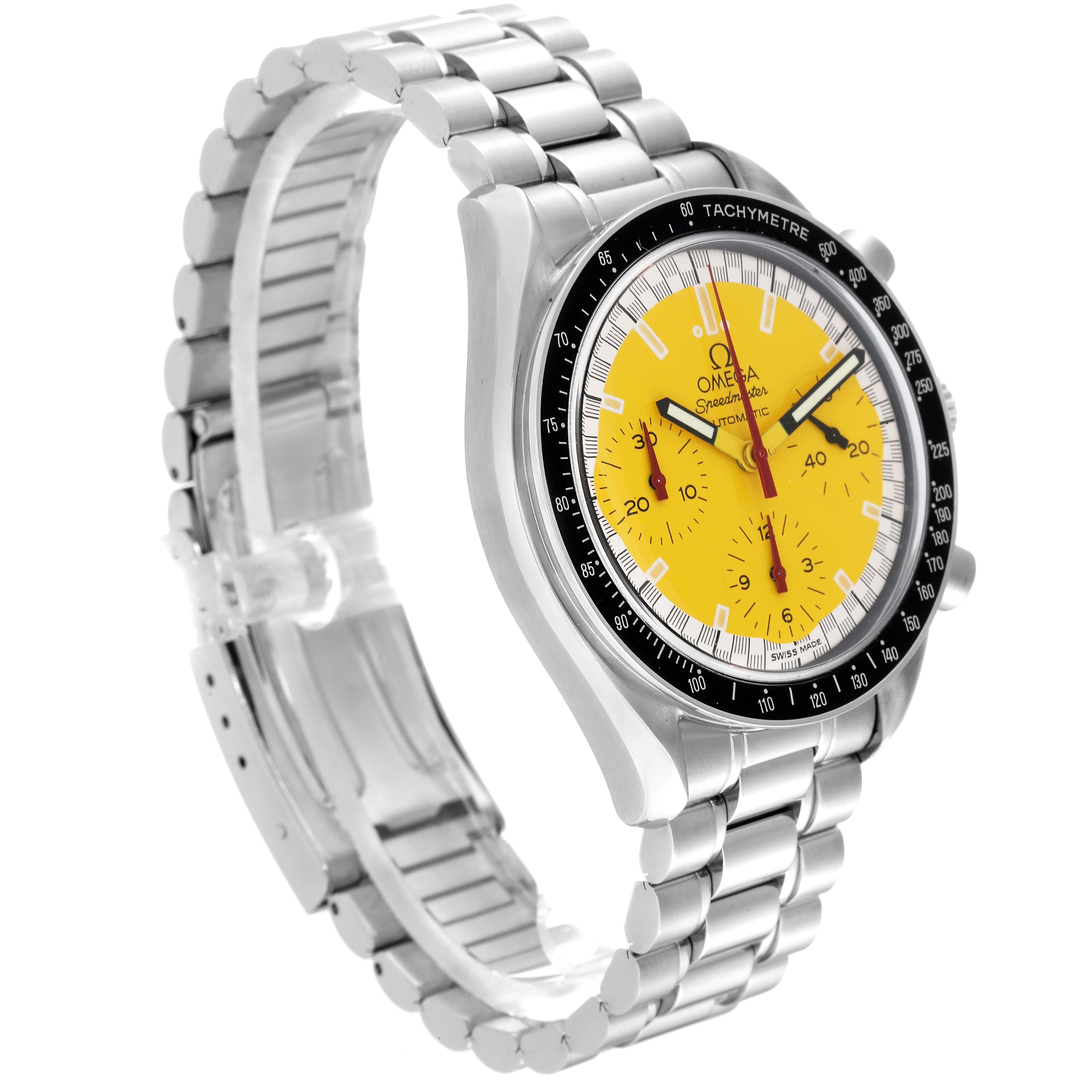 The Omega Speedmaster 3510.12.00 Men's Stainless Steel Yellow Dial 3510.12.00 Men's Stainless Steel Yellow Dial watch is shown at an angled side view, highlighting its yellow dial and metal bracelet.