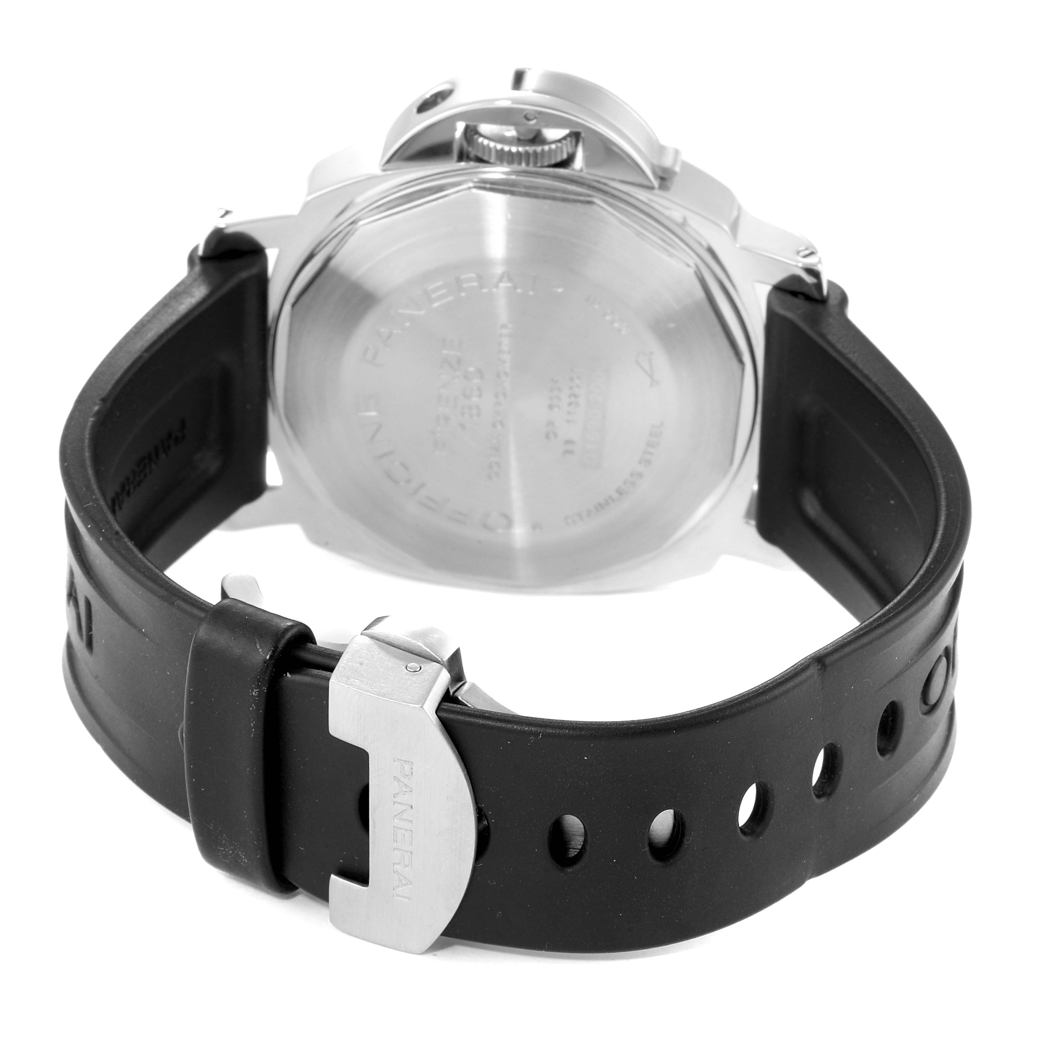This image shows the back of the Panerai Luminor PAM00088 Men
s Stainless Steel Black Dial PAM00088 Men
s Stainless Steel Black Dial watch, featuring a stainless steel case and a black rubber strap with buckle.