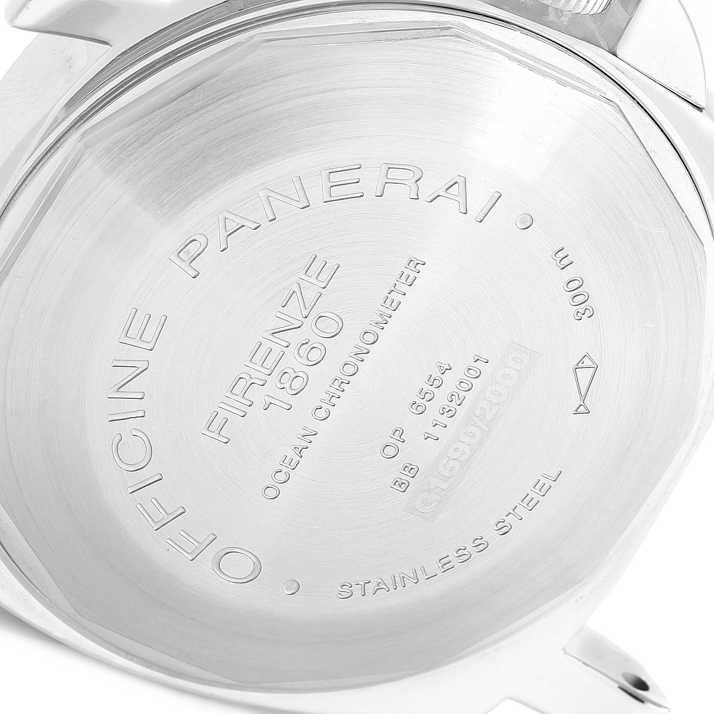 The image shows the case back of a Panerai Luminor PAM00088 Men
s Stainless Steel Black Dial PAM00088 Men
s Stainless Steel Black Dial watch from an angled top-down perspective.