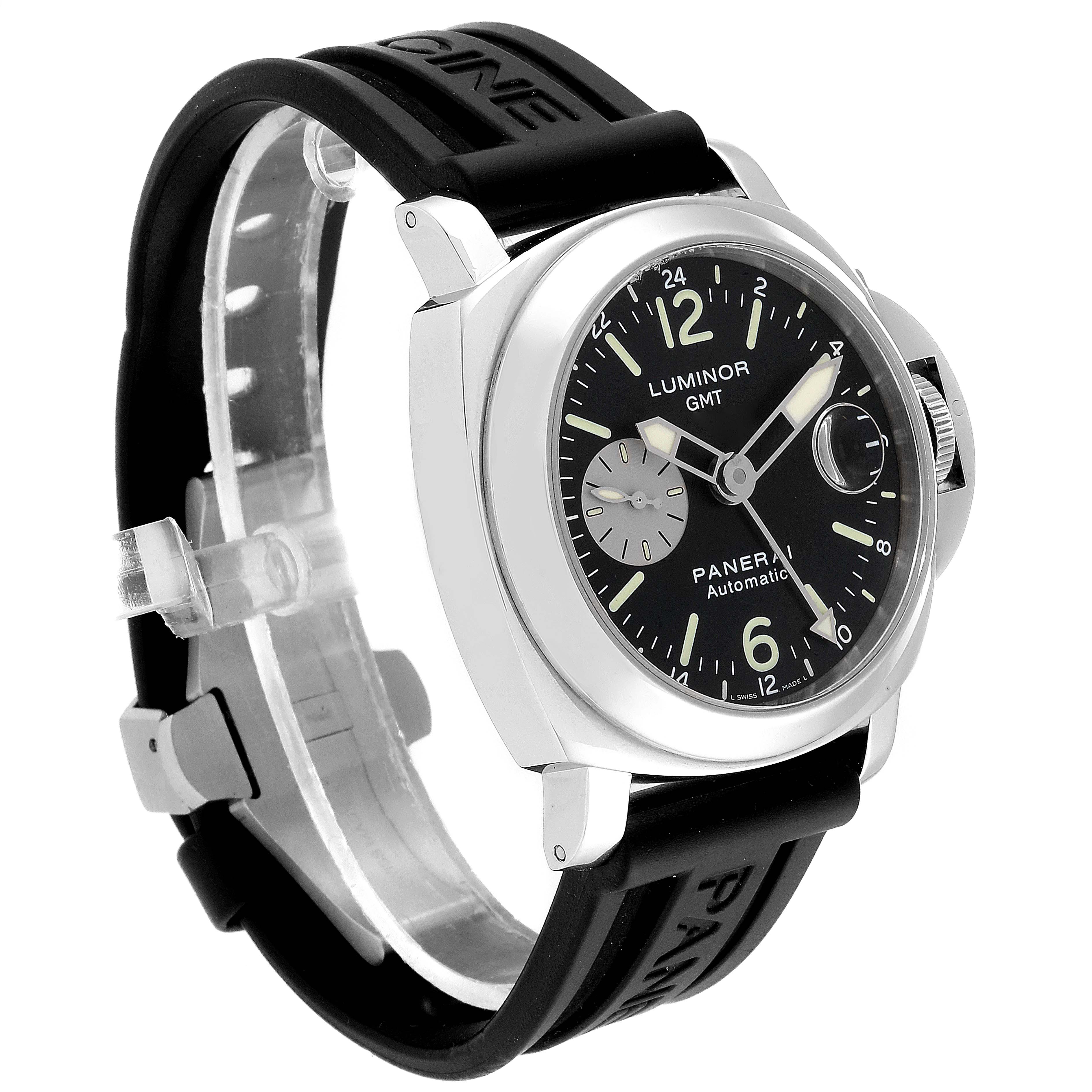 This Panerai Luminor PAM00088 Men
s Stainless Steel Black Dial PAM00088 Men
s Stainless Steel Black Dial model watch is shown at a left-side angle, displaying its face, bezel, and black strap.