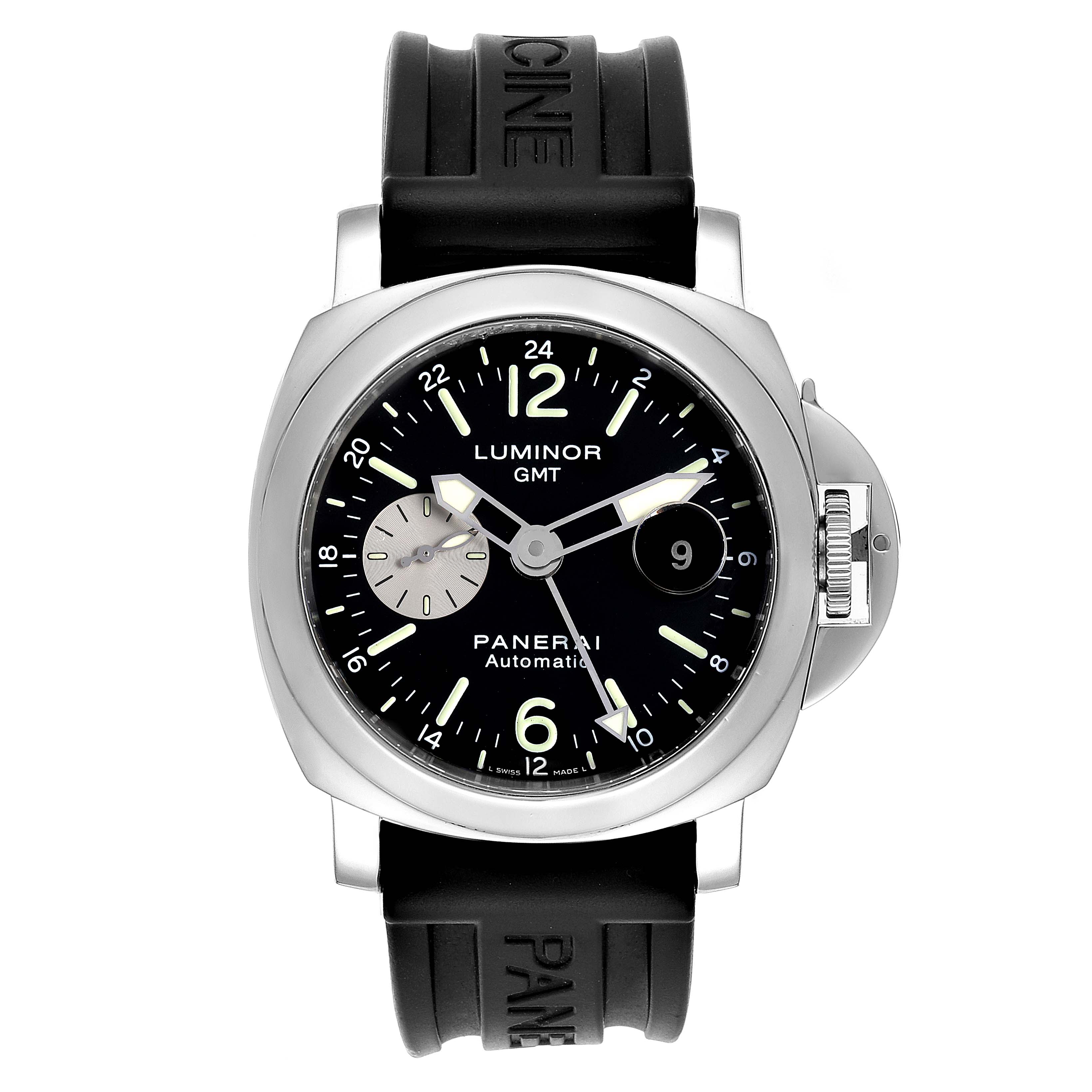 This image shows a frontal view of a Panerai Luminor PAM00088 Men
s Stainless Steel Black Dial PAM00088 Men
s Stainless Steel Black Dial watch, displaying its black dial, rubber strap, and crown guard.