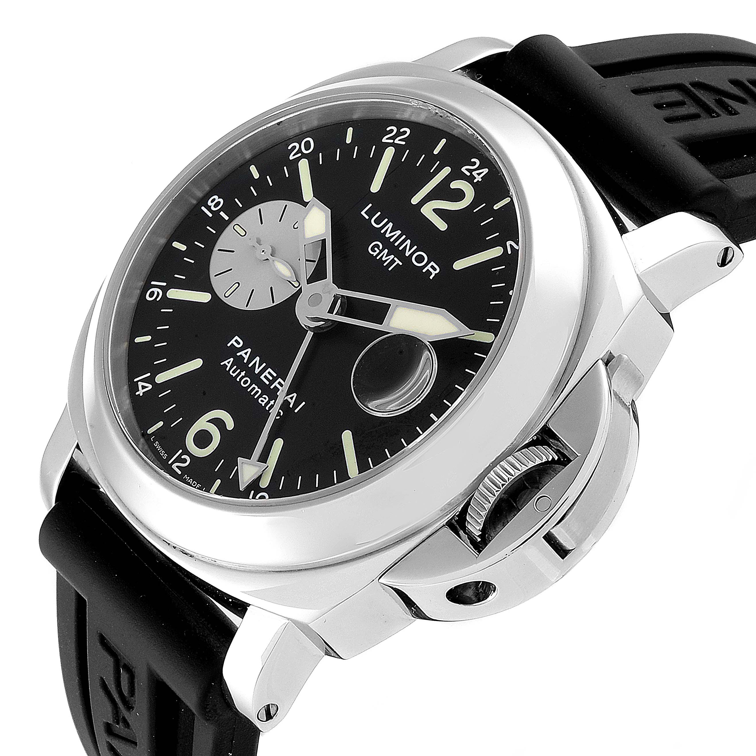 This Panerai Luminor PAM00088 Men
s Stainless Steel Black Dial PAM00088 Men
s Stainless Steel Black Dial watch is shown from a three-quarter angle, highlighting the dial, case, crown guard, and strap.