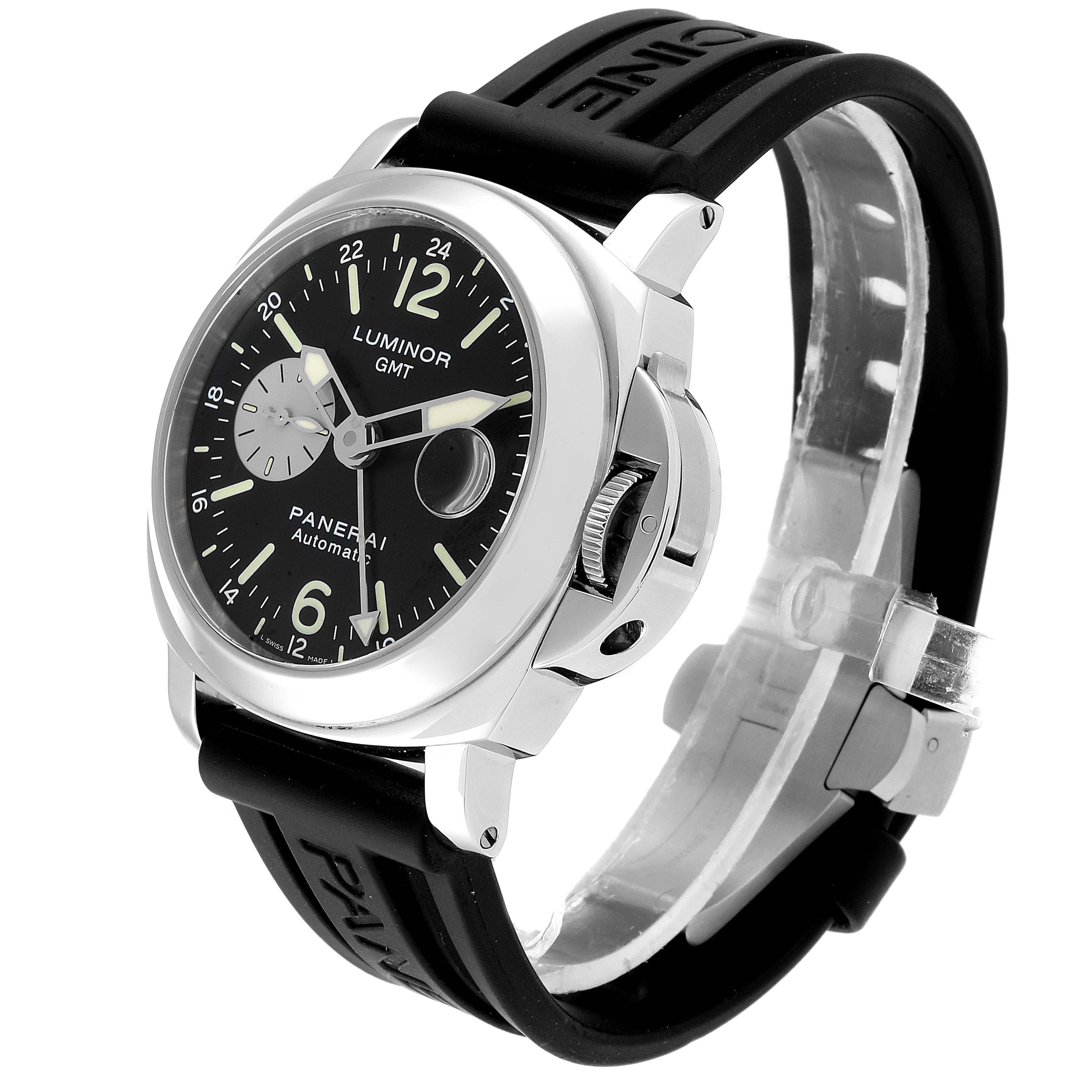 This Panerai Luminor PAM00088 Men
s Stainless Steel Black Dial PAM00088 Men
s Stainless Steel Black Dial watch is shown at a front angle, highlighting its face, case, and black rubber strap.