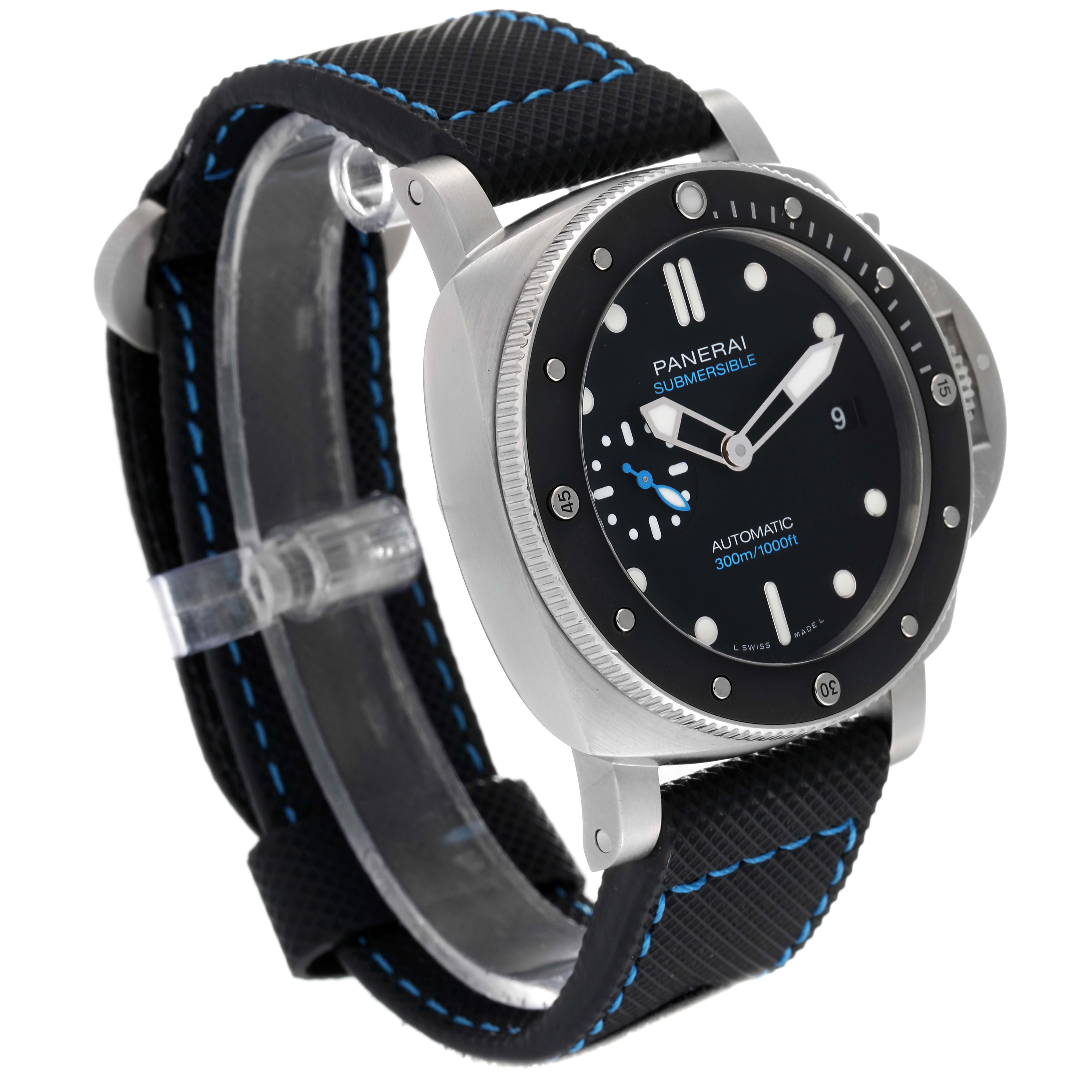 The image shows the front and right-side view of a Panerai Submersible PAM00683 Men
s Stainless Steel Black Dial PAM00683 Men
s Stainless Steel Black Dial watch, highlighting the dial, bezel, and strap.