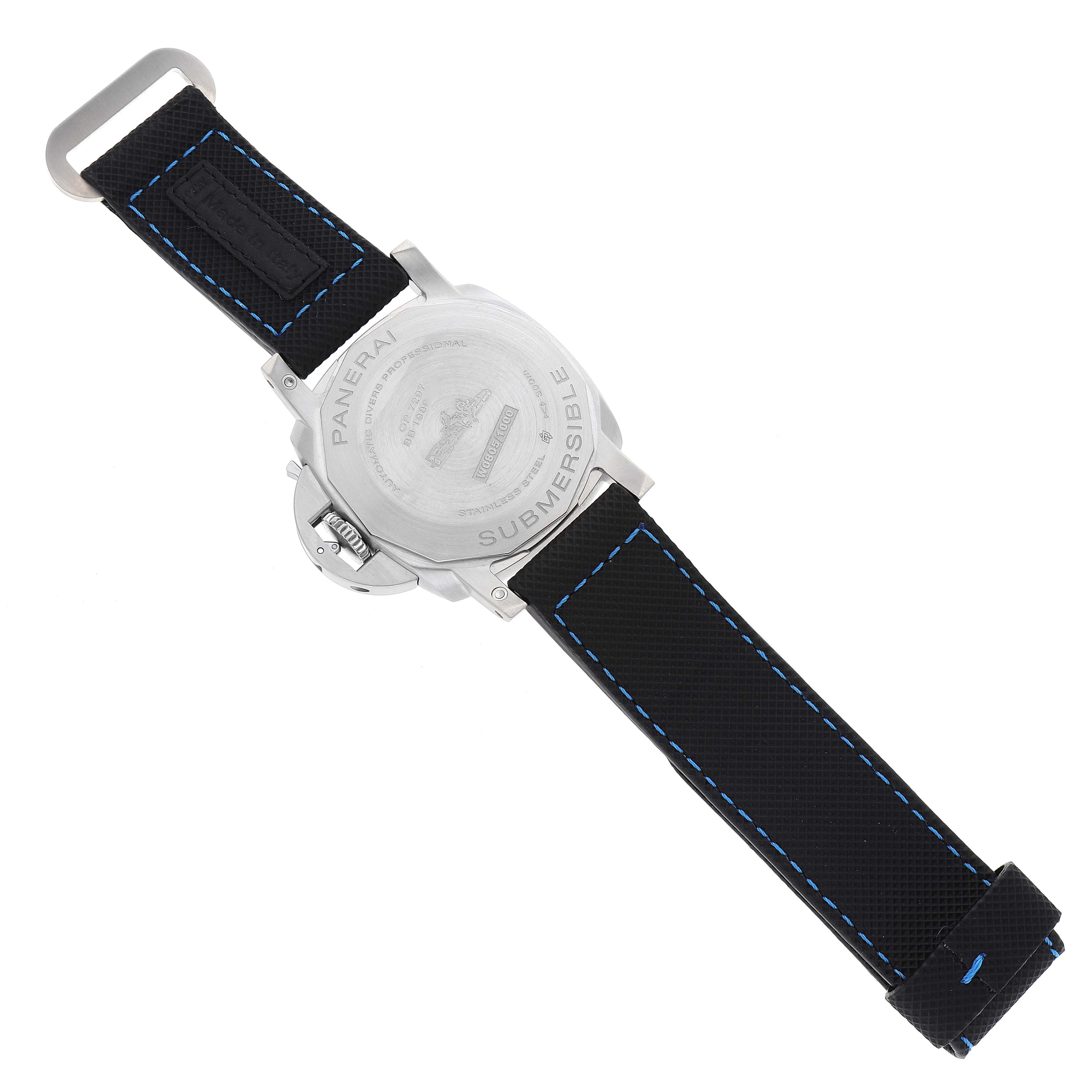 The image shows the back of a Panerai Submersible PAM00683 Men
s Stainless Steel Black Dial PAM00683 Men
s Stainless Steel Black Dial watch with its strap fully extended.