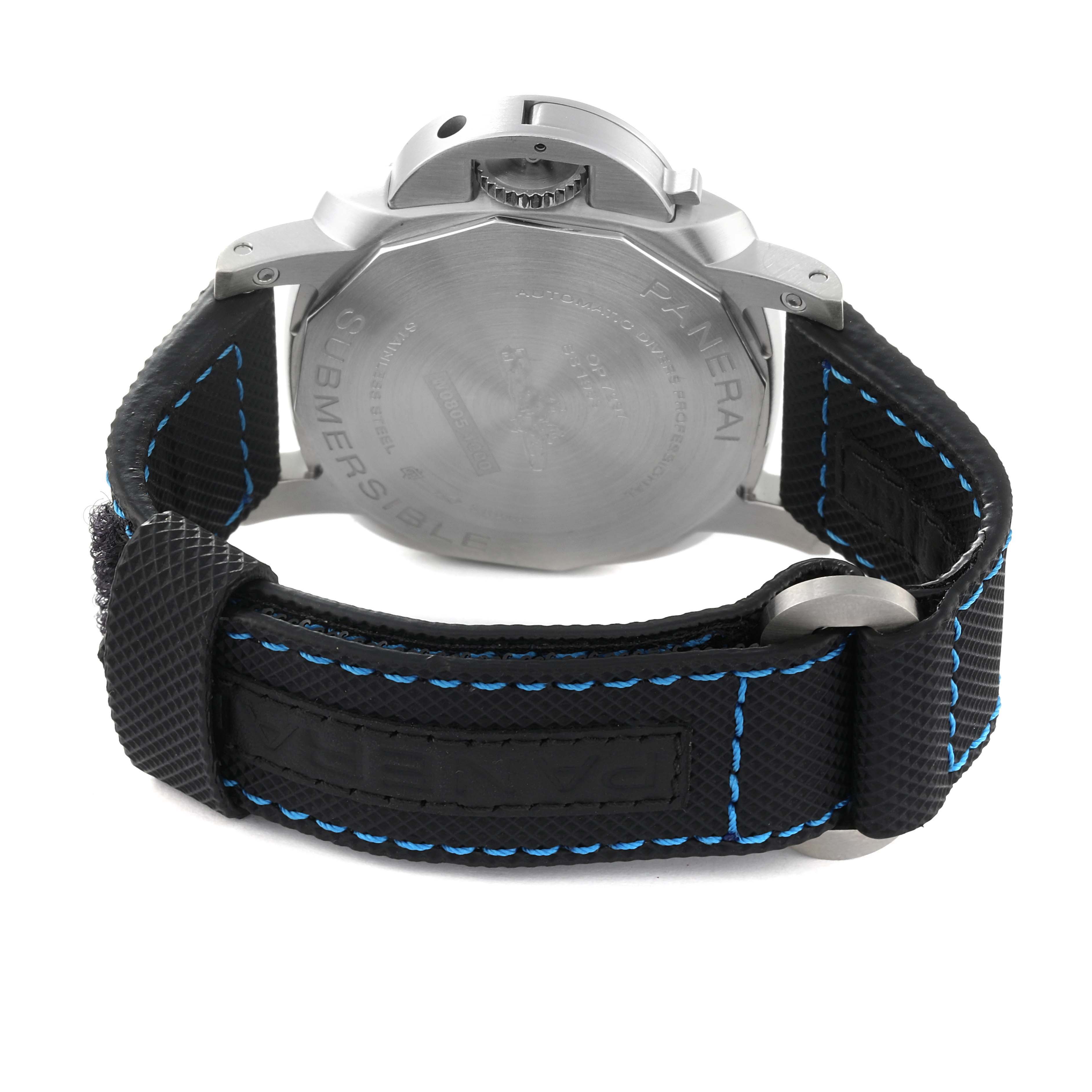 This image shows the back angle of a Panerai Submersible PAM00683 Men
s Stainless Steel Black Dial PAM00683 Men
s Stainless Steel Black Dial watch, highlighting the case back and the strap with blue stitching.